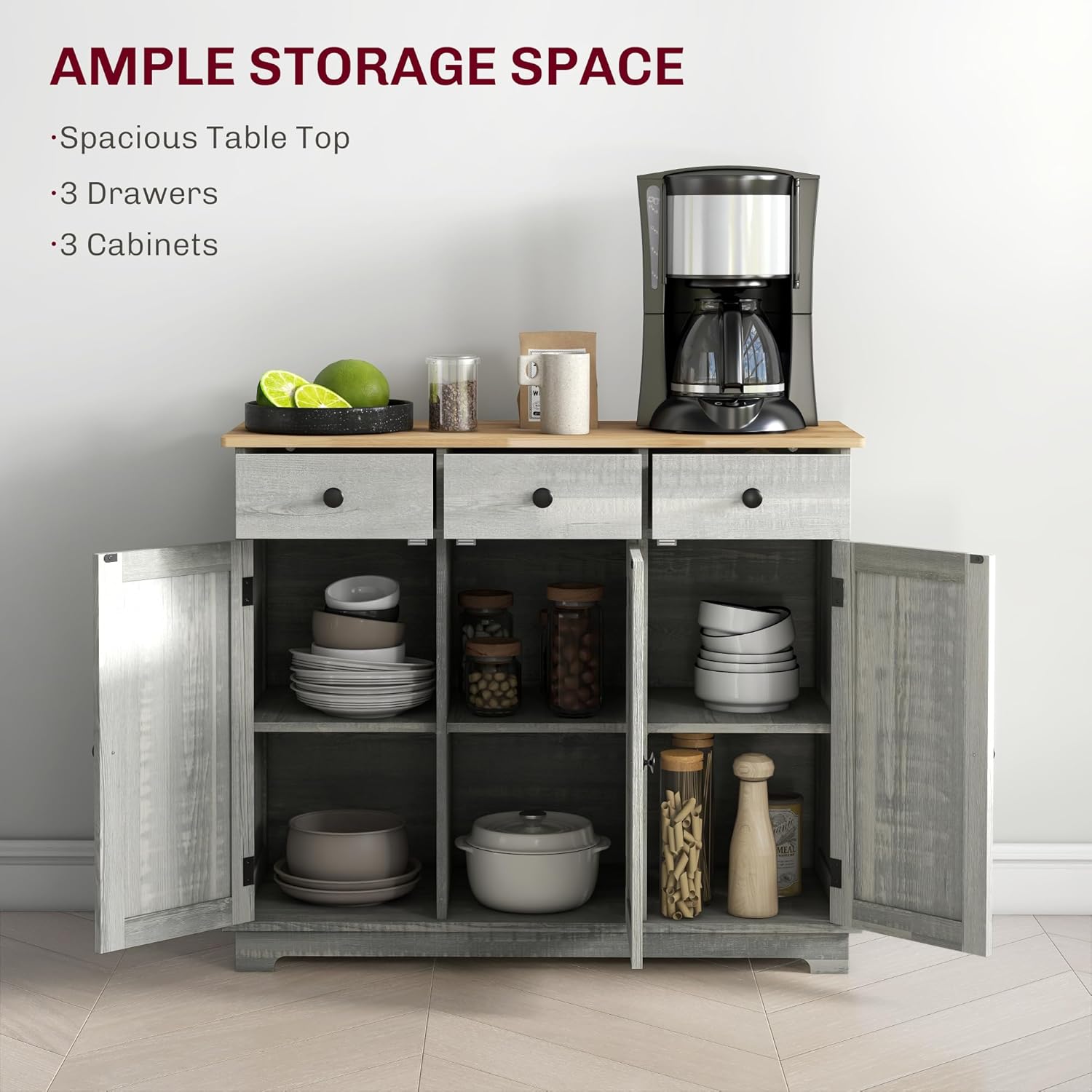 HOMCOM Sideboard Buffet Cabinet Solid Wood Countertop White