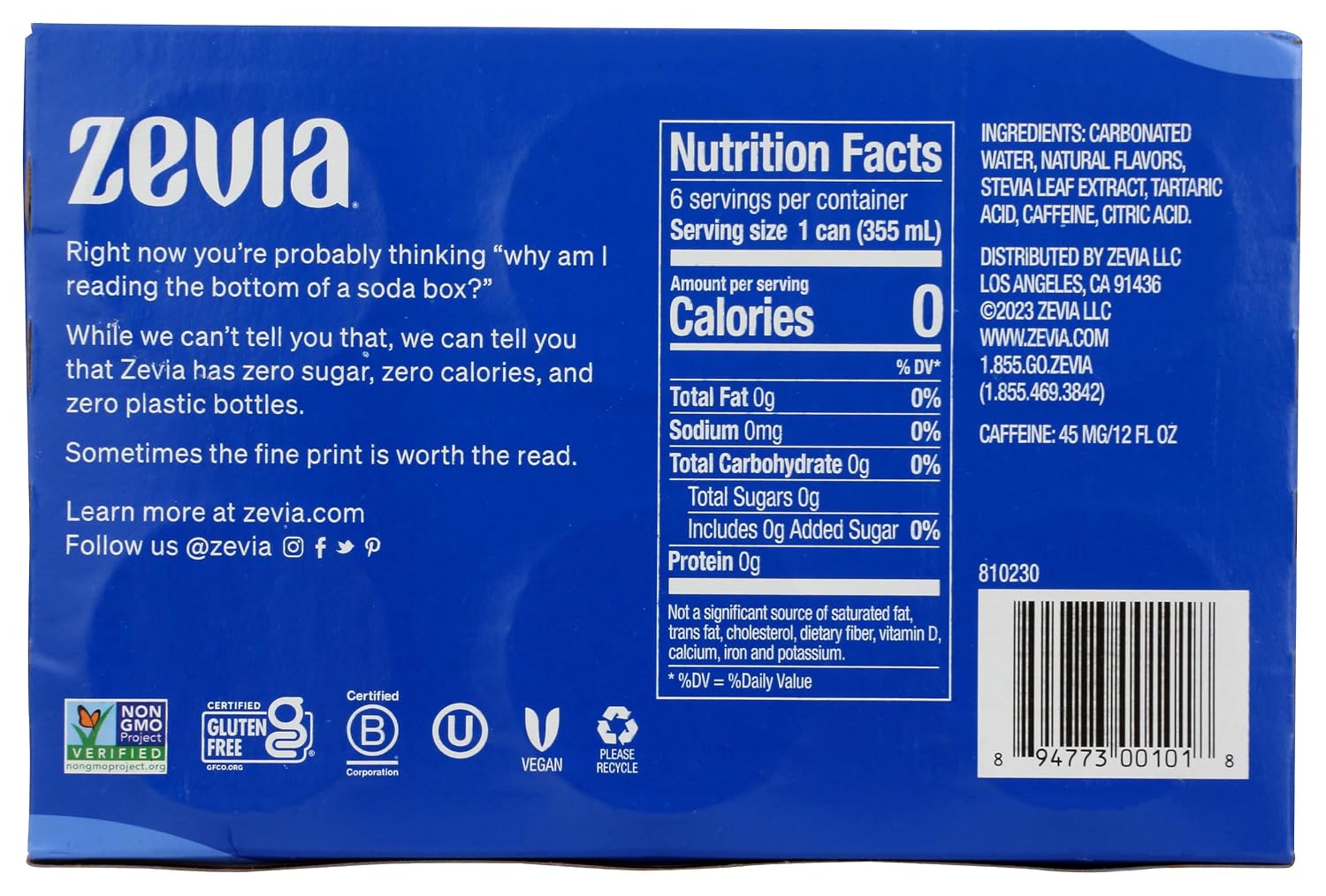 Zevia Zero Calorie Soda Cola, 12 Oz Pack of 6