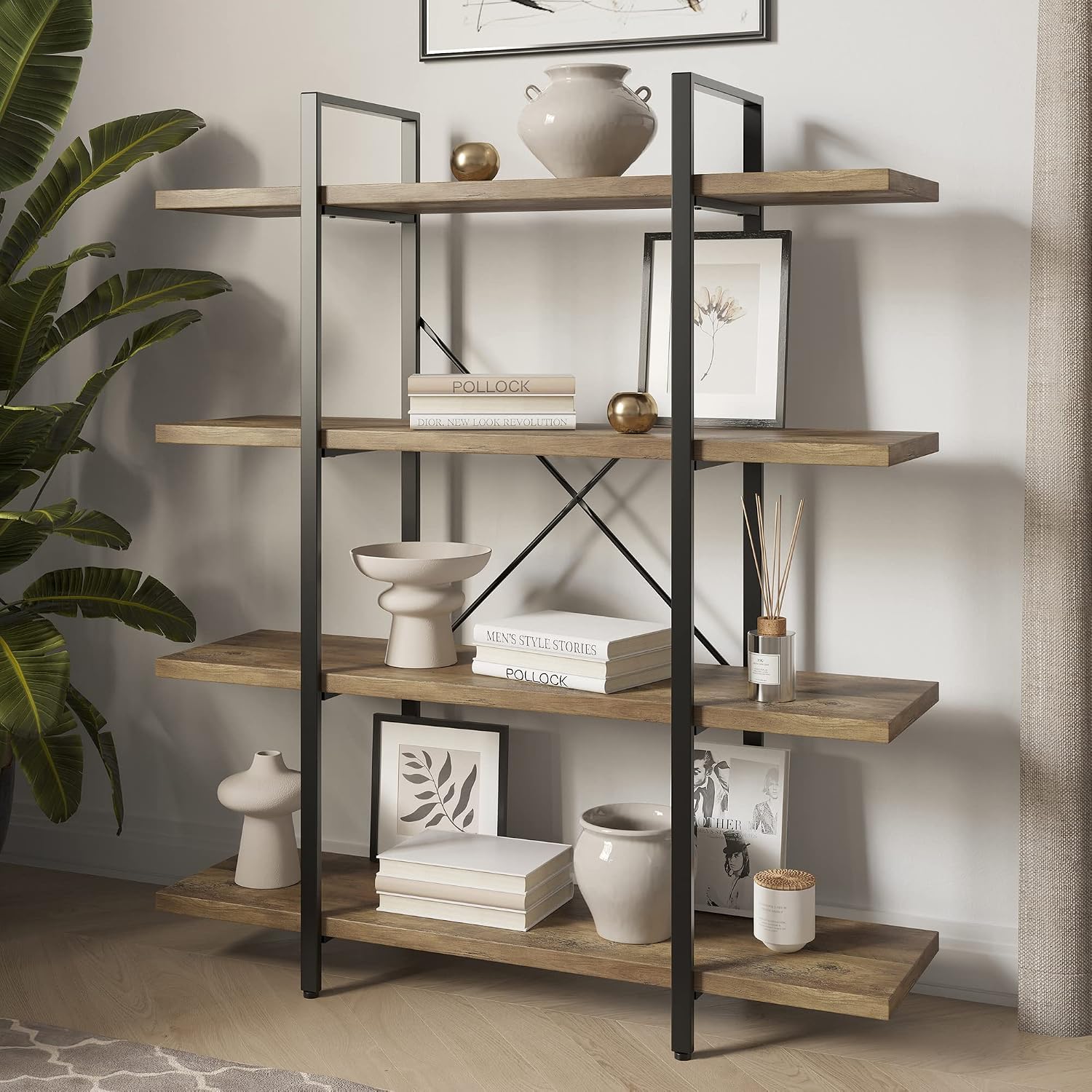 BELLEZE 4 Tier Modern Rustic Industrial Bookshelf, Open Wide Office Etagere Book Shelf