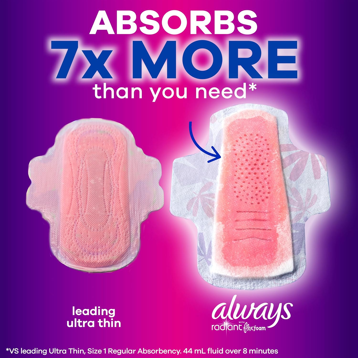 Always Radiant Feminine Pads for Women, Flexfoam Pads with Wings, Size 4, Overnight Absorbency, Lightly Scented, 60 Count (3 Packs of 20)
