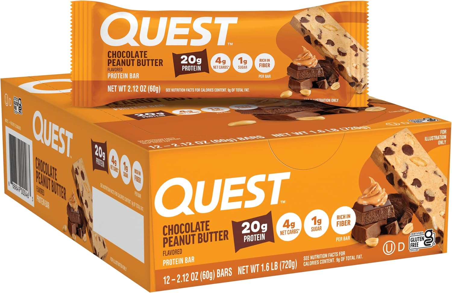 Quest Nutrition Oatmeal Chocolate Chip Protein Bars, 20g Protein, 12 Count | 12g Fiber, 5g Net Carbs, 1g Sugar, Gluten Free, High Quality Protein, Soft and Chewy, Individually Wrapped 2.12oz Bars
