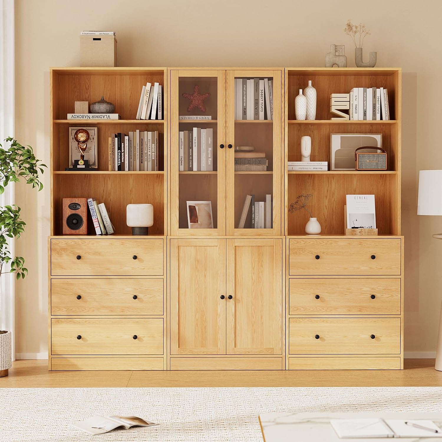 TUSY 71" H Bookcase with Storage | 6-Tier Modern Bookshelf with Drawers, Display Bookcase with Glass Doors, White Curio Cabinet for Home Office, Living Room