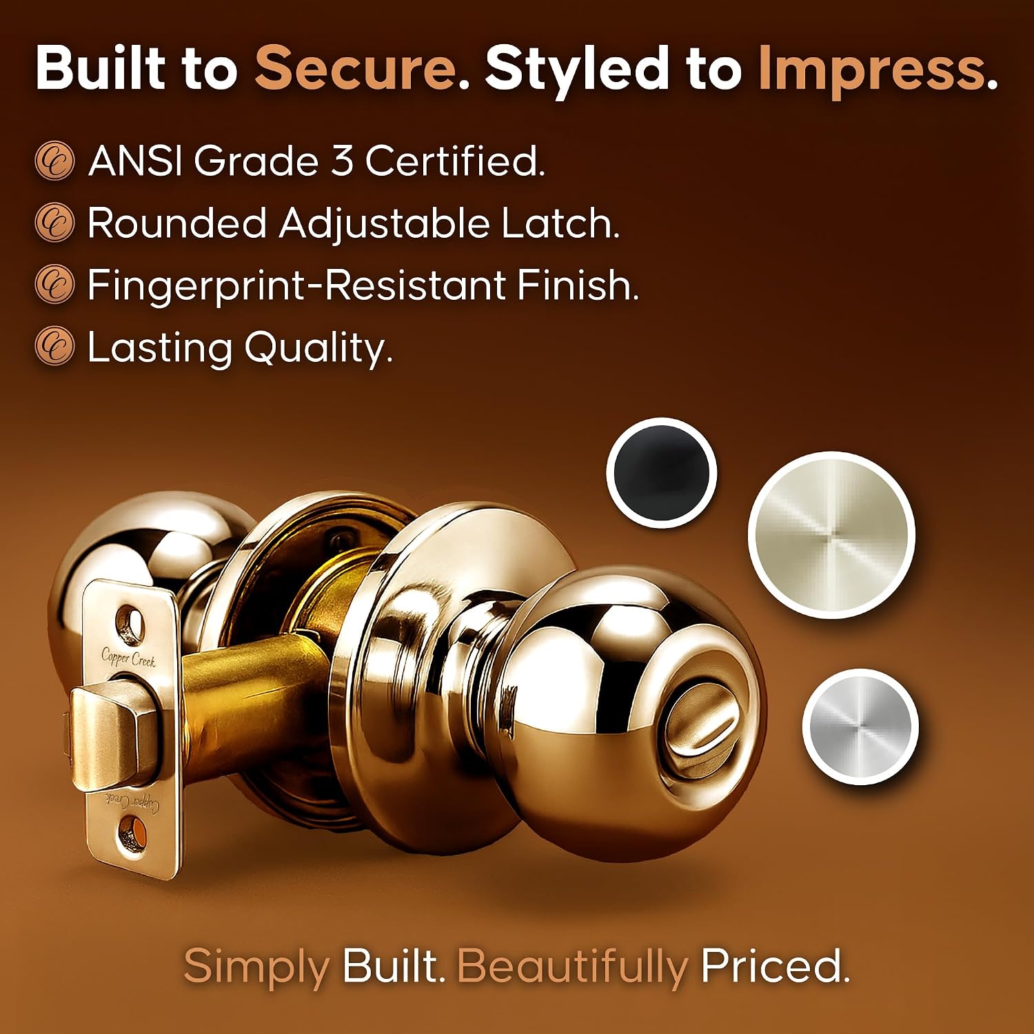 Copper Creek Privacy Interior Door Knob – ANSI Grade-3 Certified, Modern Heavy Duty Handle, Easy Install and Reversible for Bedroom, Bathroom & Closets – Satin Stainless (1 Pack)