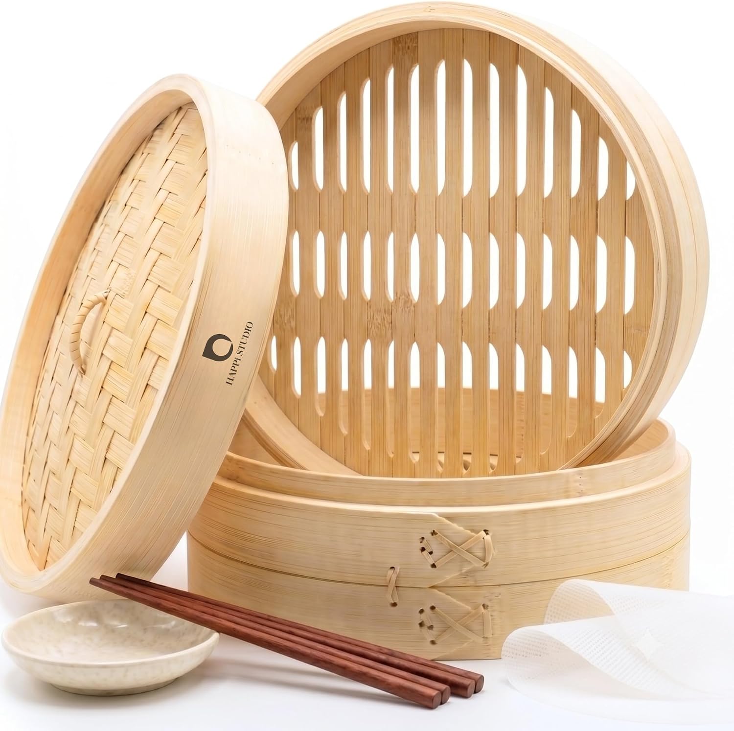 HAPPI STUDIO Bamboo Steamer Basket 10 Inch, Extra Deep Dumpling Steamer Set