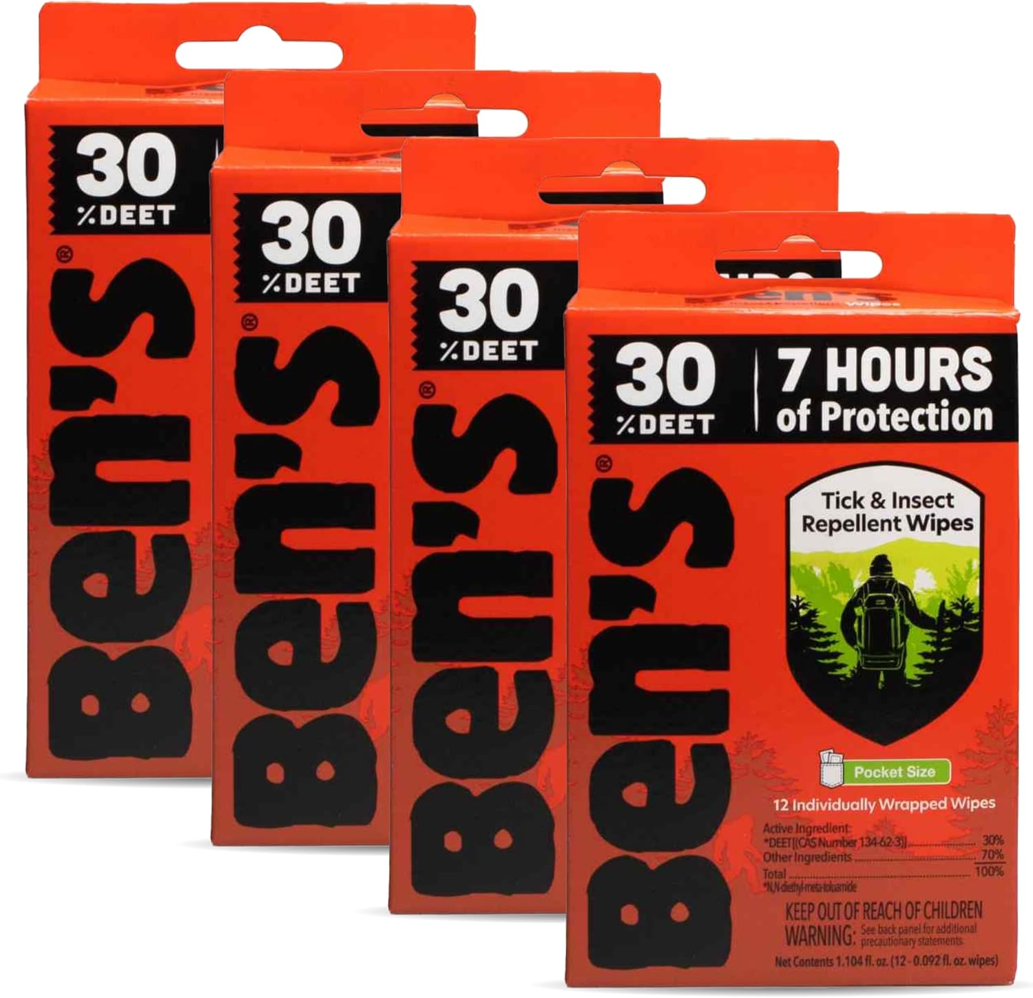 Ben's Tick & Insect Repellent Wipes, 30% DEET, 12 Wipes, 4 Pack