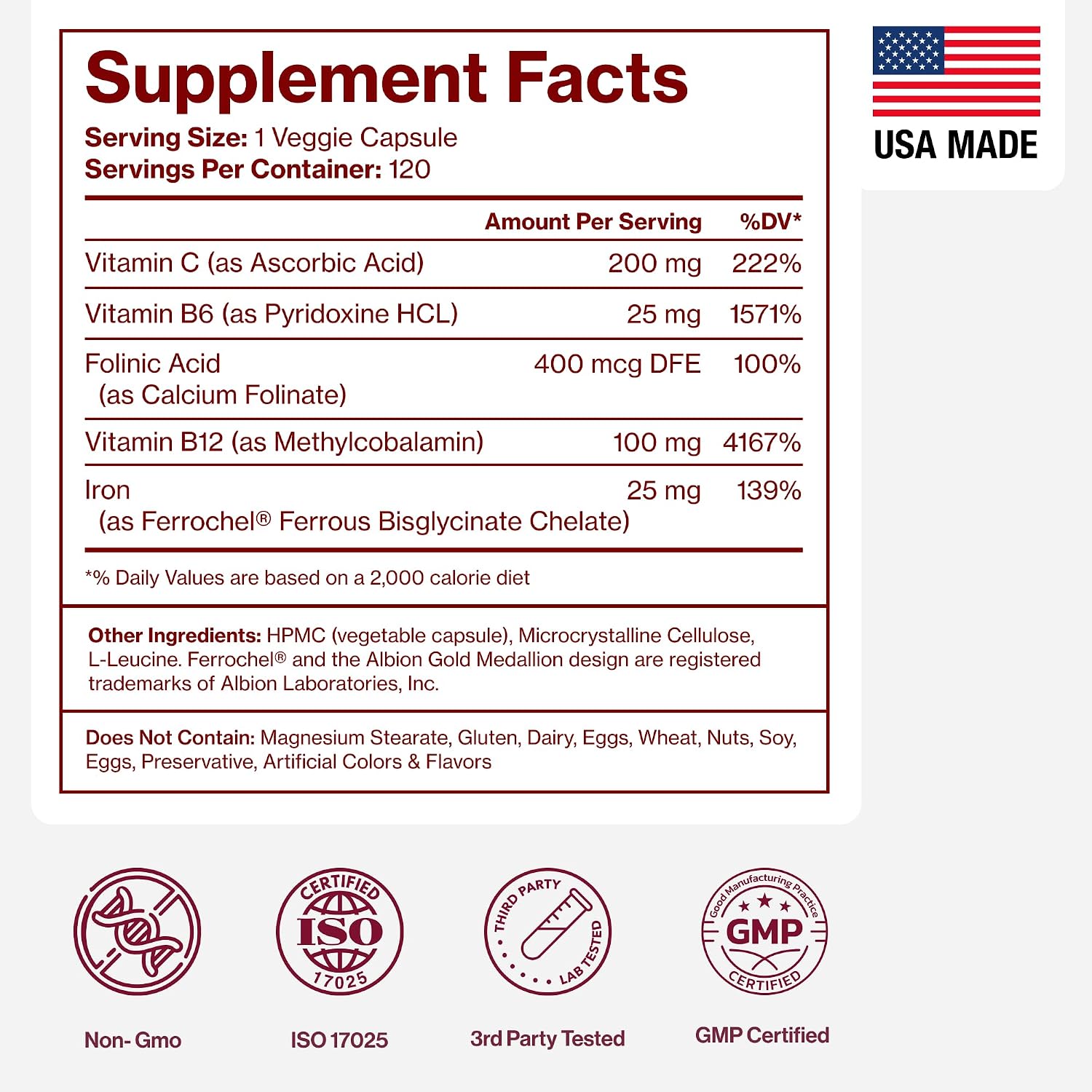 Iron Supplement for Women, Gentle Iron Bisglycinate 25mg, 120 Count | With vitamin C, B6, B12 & folic acid, supports iron deficiency