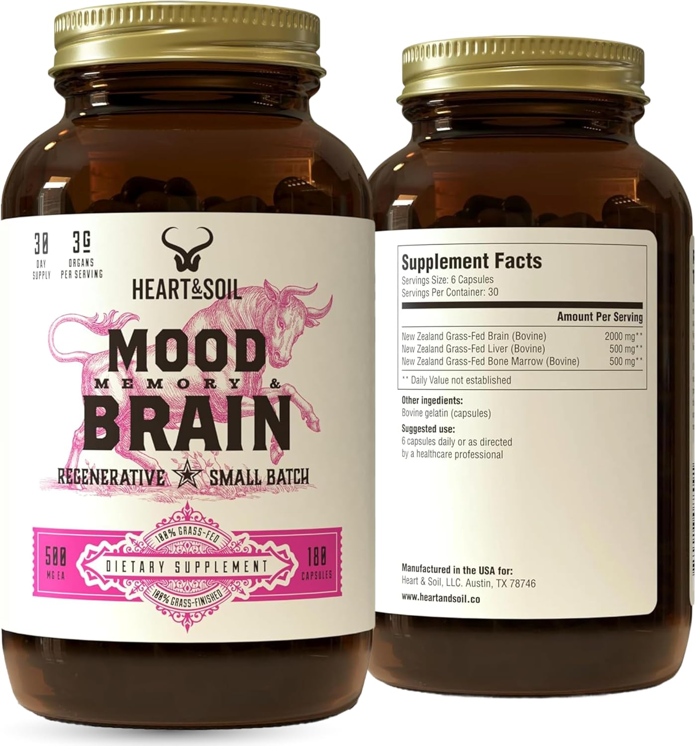 HEART & SOIL Beef Brain Supplement, 180 Capsules