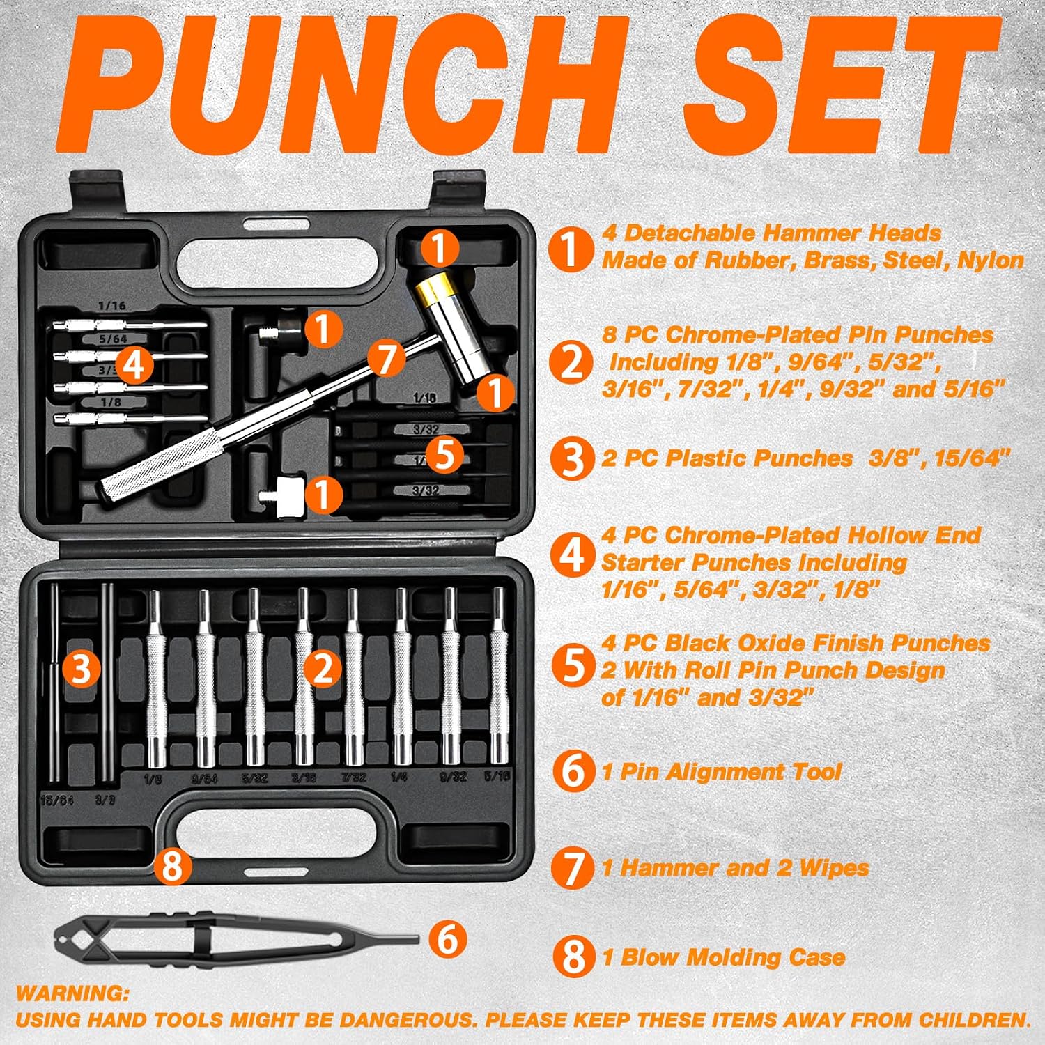 BESTNULE 24pc Punch Set and Hammer, Roll Pin Punch Set & Tweezers & Wipes