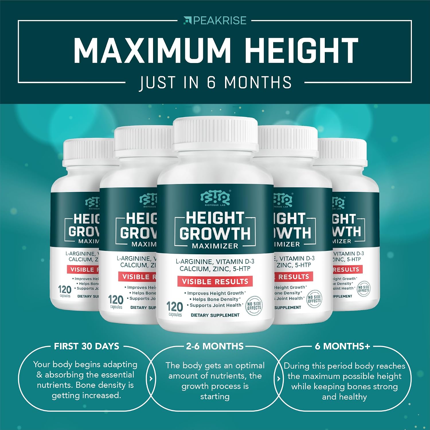 BIOTEQUELAB Height Growth Maximizer, Calcium, Vitamin D3 and Zinc Blend Pills, Bone Growth Supplement for Kids and Teens, Bone Strength
