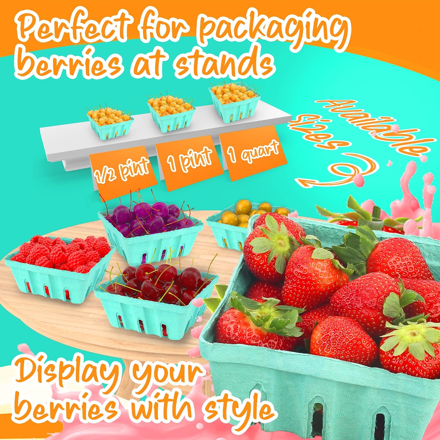 MT Products Green Berry Basket 1 Quart - Molded Pulp Fiber Vented Produce Basket (Pack of 15) - Made in the USA