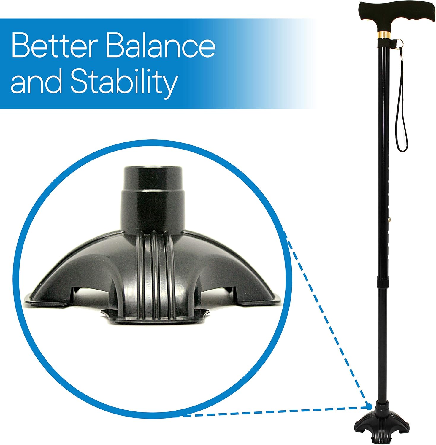 RMS Cane Tip - Self Standing Quad Base Replacement for Most Walking Canes, Sticks