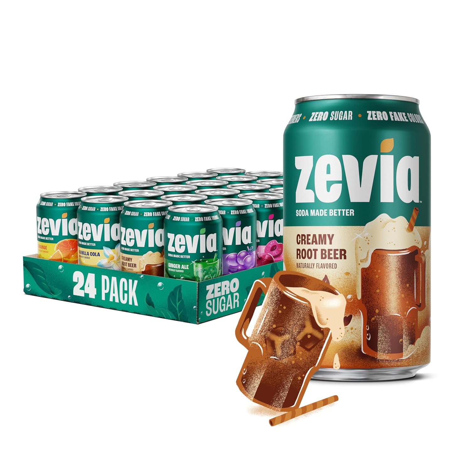 Zevia Zero Sugar Soda, Orange Creamsicle, 12 oz Cans (24-Pack) – Caffeine Free, Naturally Sweetened, No Calorie Soda - Non-GMO Project Verified, Gluten-Free, Vegan