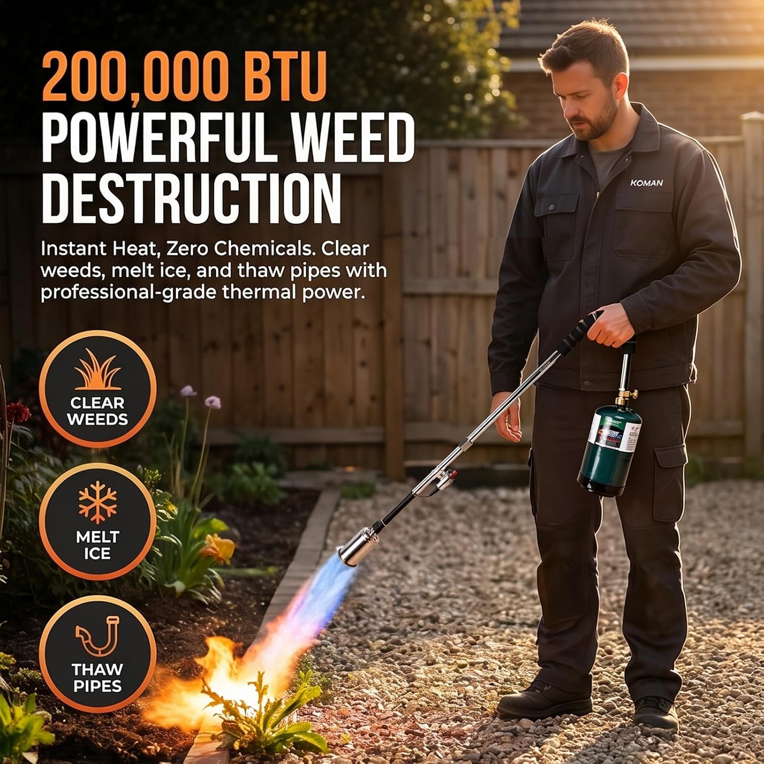 KOMAN Weed Torch Propane Burner, 35" Long Arm, Self-Ignition, Fuel by 1LB /5-40LB Propane Tank, for Roofing, Weeding