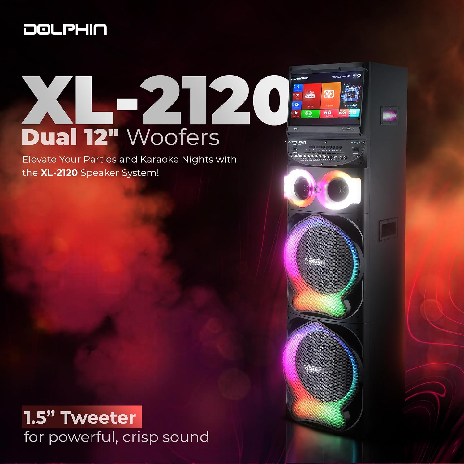 Dolphin Karaoke Machine with 2 Wireless Microphones, Dual 12" Woofers | 200W RMS, 15.4" Touchscreen, Android, Bluetooth, HDMI, WiFi, USB, TF