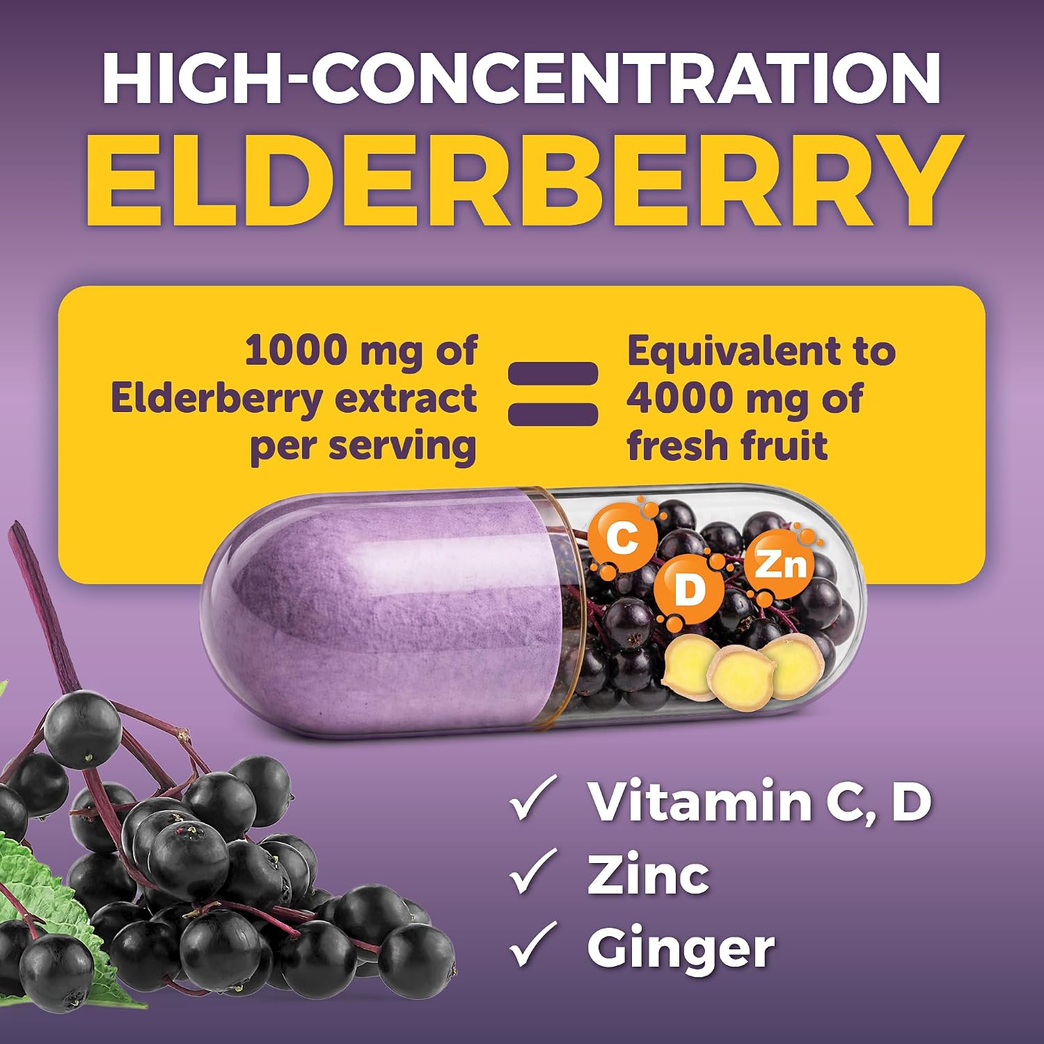 Viva Naturals Elderberry with Vitamin C and Zinc for Adults - 5 in 1 Sambucus Black Elderberry Capsules with Vitamin D3 5000 IU Immunity Supplement