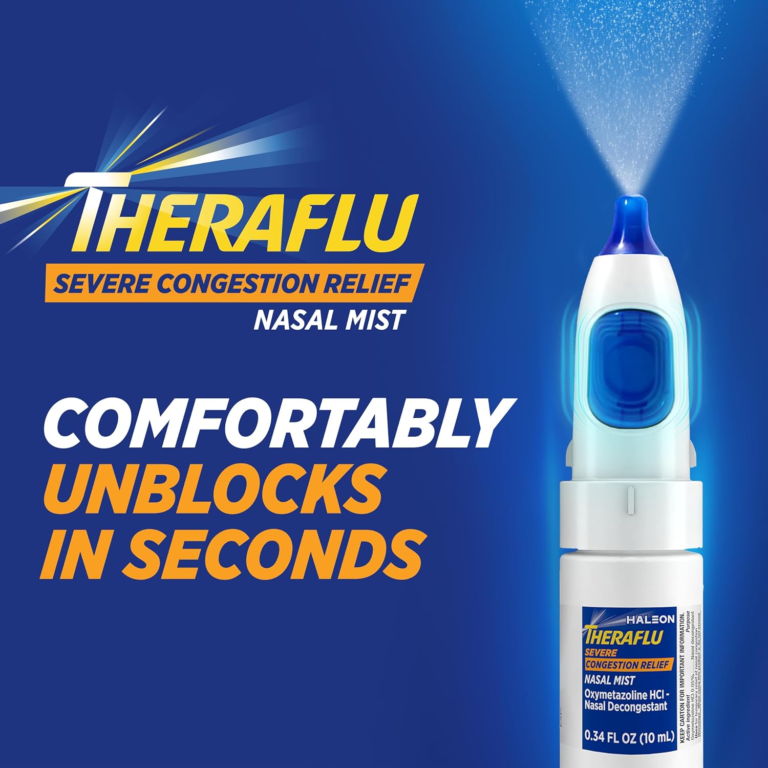 Theraflu Severe Congestion Relief Nasal Mist, 0.34 fl oz | Oxymetazoline HCI 0.05% Nasal Decongestant, 12-Hour Cold & Allergy Relief Congestion Relief