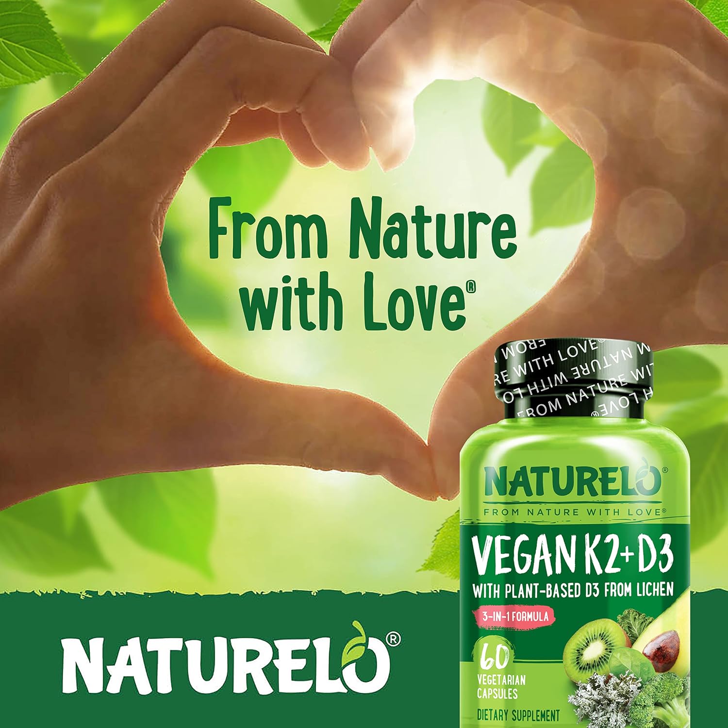 NATURELO Vitamin D3 K2, Vegan K2+D3 Supplement, 60 Capsules