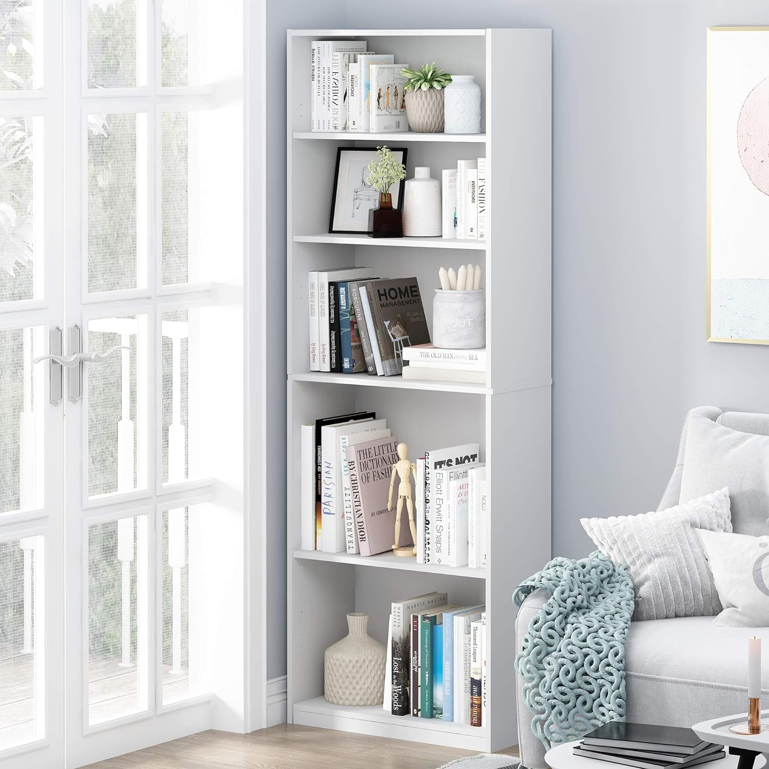 Furinno Jaya Book Shelf, 5-Tier Bookshelf, Bookcase with Adjustable Shelves, 9.5 x 24.5 x 71.2, for Organization and Storage, for Living Room, Bedroom