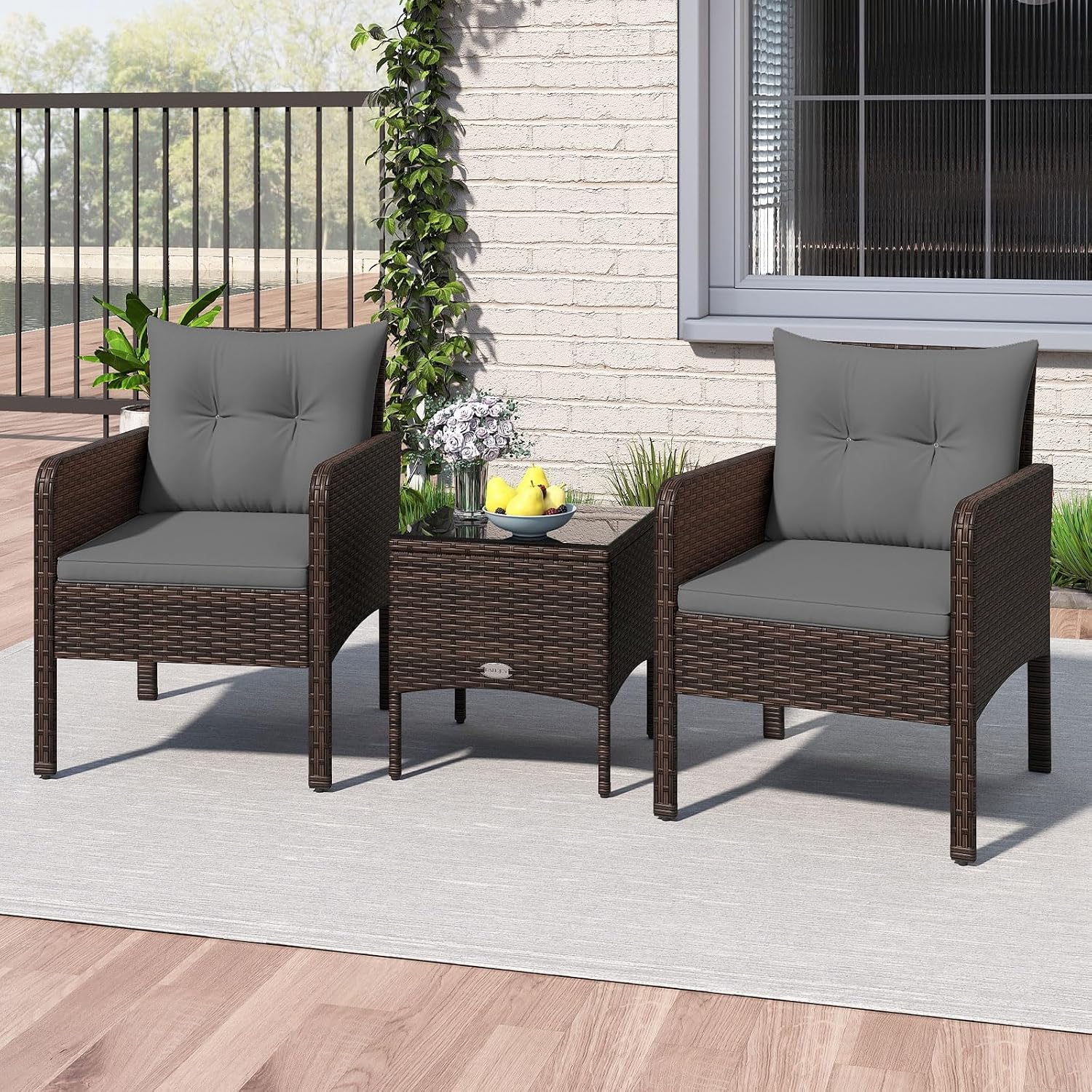 Tangkula 3 Piece Outdoor Patio Furniture Set, Wicker Chairs Set with Glass Top Coffee Table, Thick Cushions