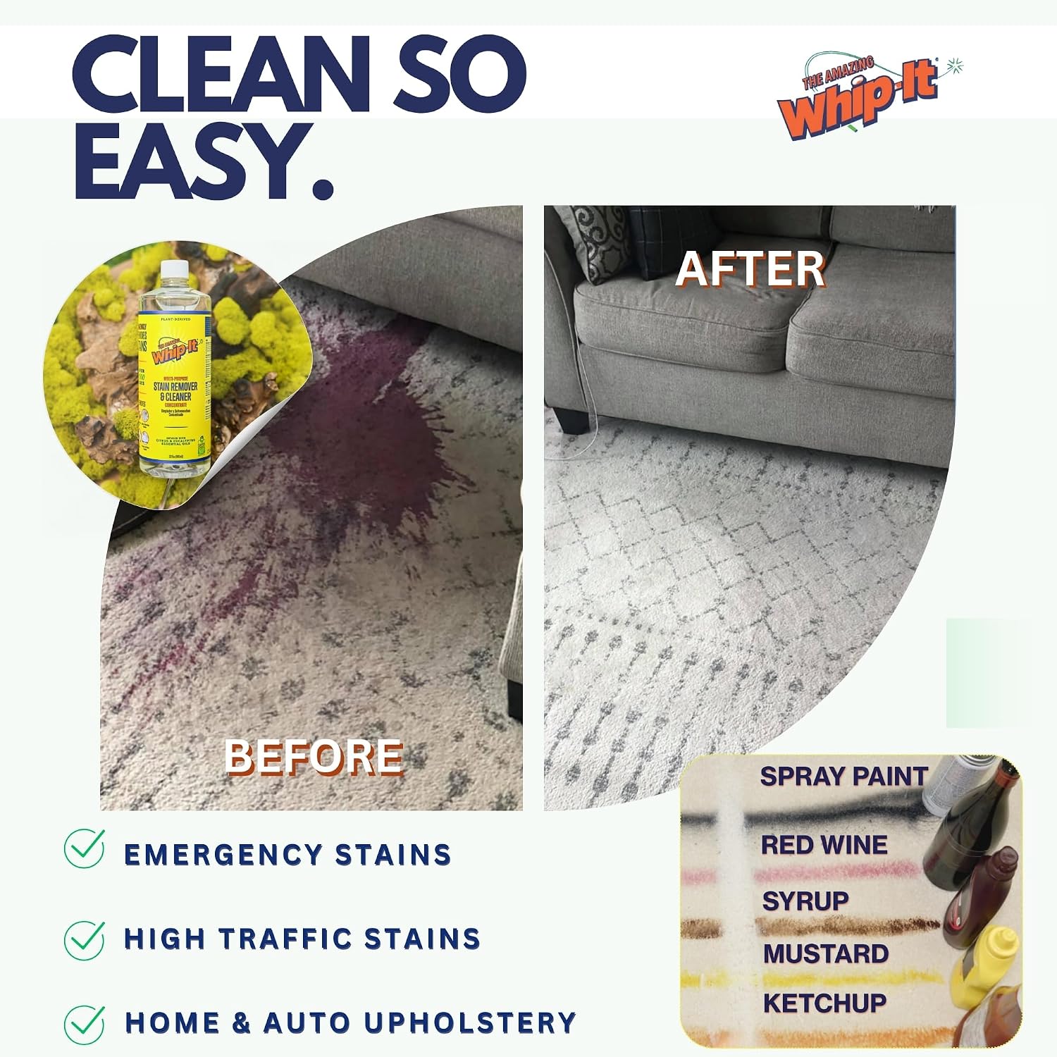 Whip It Cleaner, Multi Purpose Stain Remover Professional Strength Spray, Plant Based Enzyme Cleaner, Cleaning Food, Coffee, Wine, Baby Stains, Pet Stains, Over 500 uses, Made in USA, 32 OZ