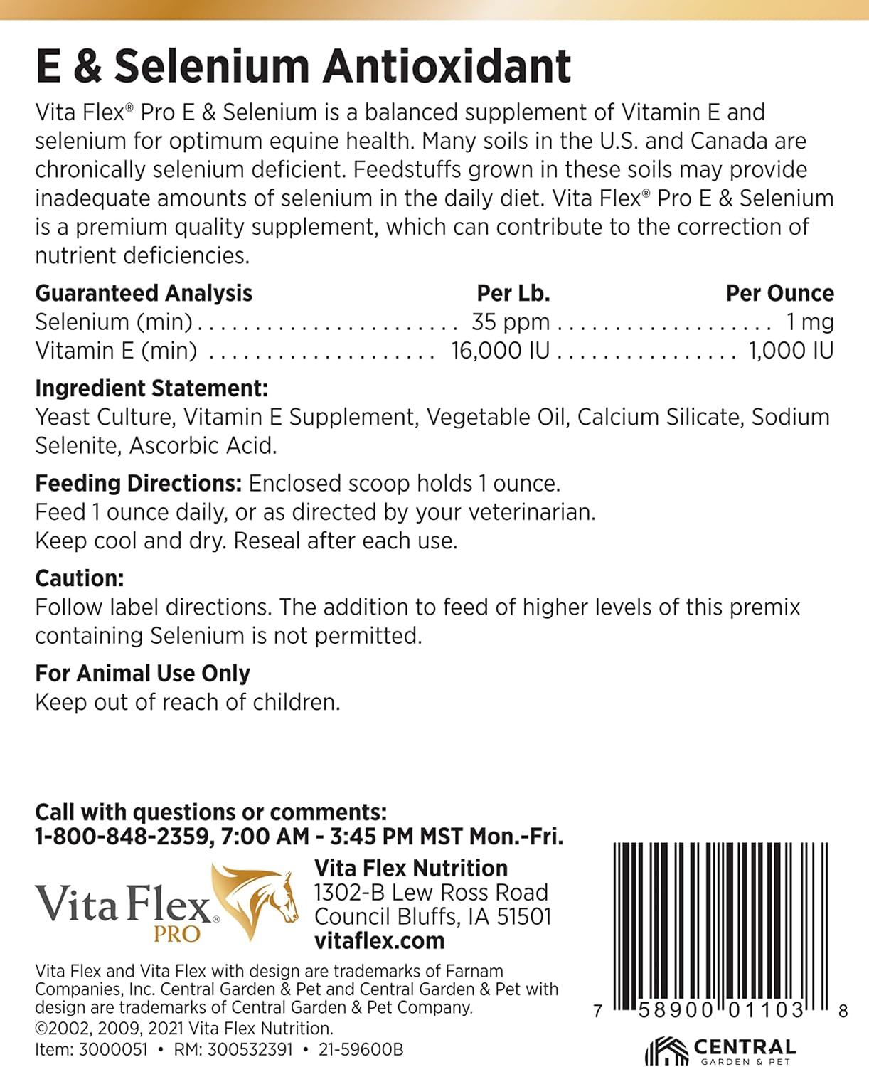 Vita Flex Pro E & Selenium Supplement for Horses, 64-Day Supply | Vitamin E & Selenium Powder, Balanced Antioxidants, Equine Vitamin E Supplement