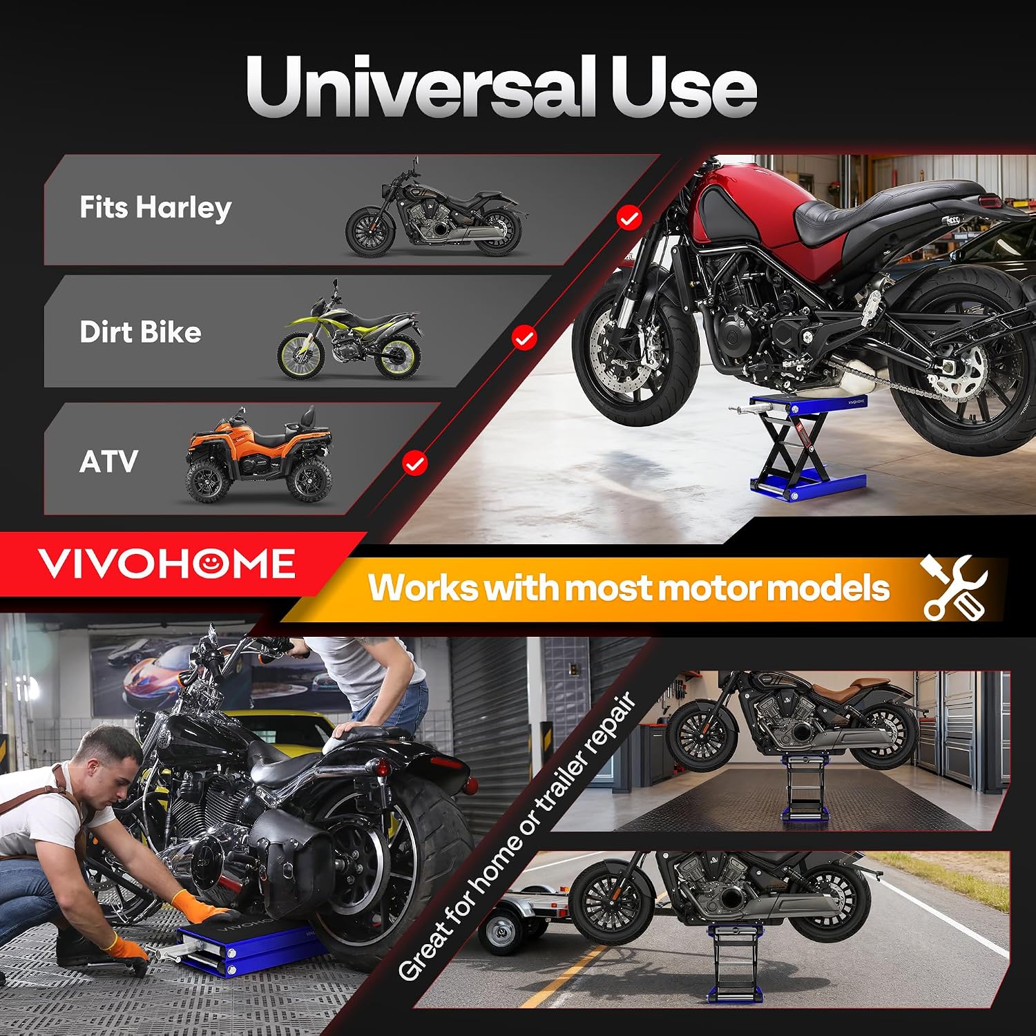 VIVOHOME 1100 LBS Motorcycle Lift Scissor Jack, Wide Deck Hoist Stand, Red | Height Adjustable Center Stand with Crank, Steel Lift for Cruiser, Dirt Bike, ATV