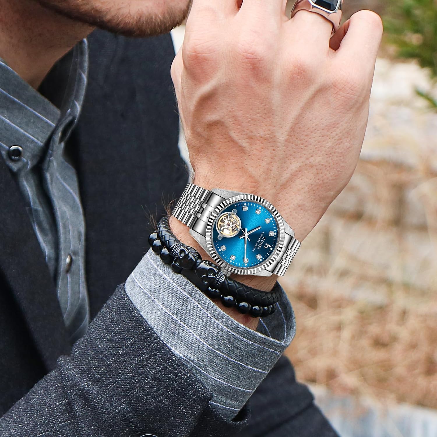 BUREI Men's Luxury Automatic Watch Fashion Waterproof Mechanical Watch, Adjustable Stainless Steel Two Tone Strap,Gift for Men