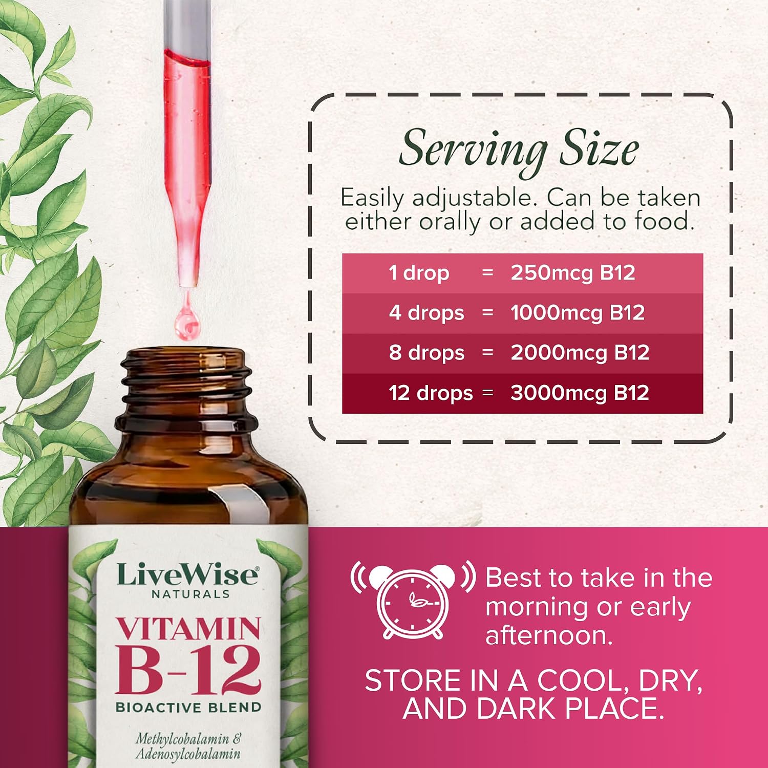 Organic Vitamin B12 1000 mcg Sublingual Liquid Drops, Unflavored, 2 oz | Methylcobalamin & Adenosylcobalamin, Bioactive Blend for Energy, Clarity & Focus, Vegan, Non-GMO, For Adults, 1 Year+ Supply