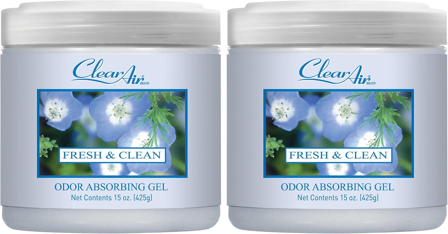 Clear Air 15oz Gel Odor Eliminator - Absorb & Remove Strong Odors from Pets, in Bathrooms, Basements, Garage, Cars, RVs & Boats - Eliminate Tough Odors with Essential Oils (Spring Rain, 2-Pack)