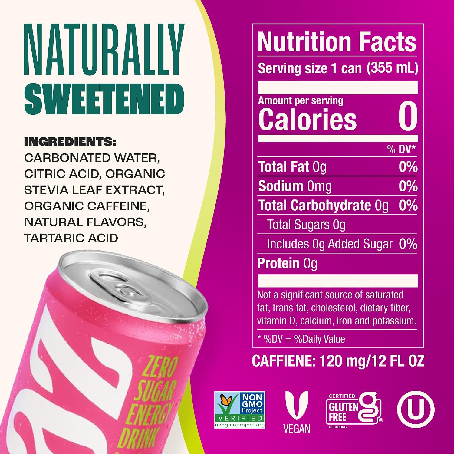Zevia Zero Sugar Energy Drink, Raspberry Lime, 12 oz Cans (12-Pack) – Naturally Sweetened, Zero Calorie Sugar Free Energy - Non-GMO Project Verified, Gluten-Free, Vegan