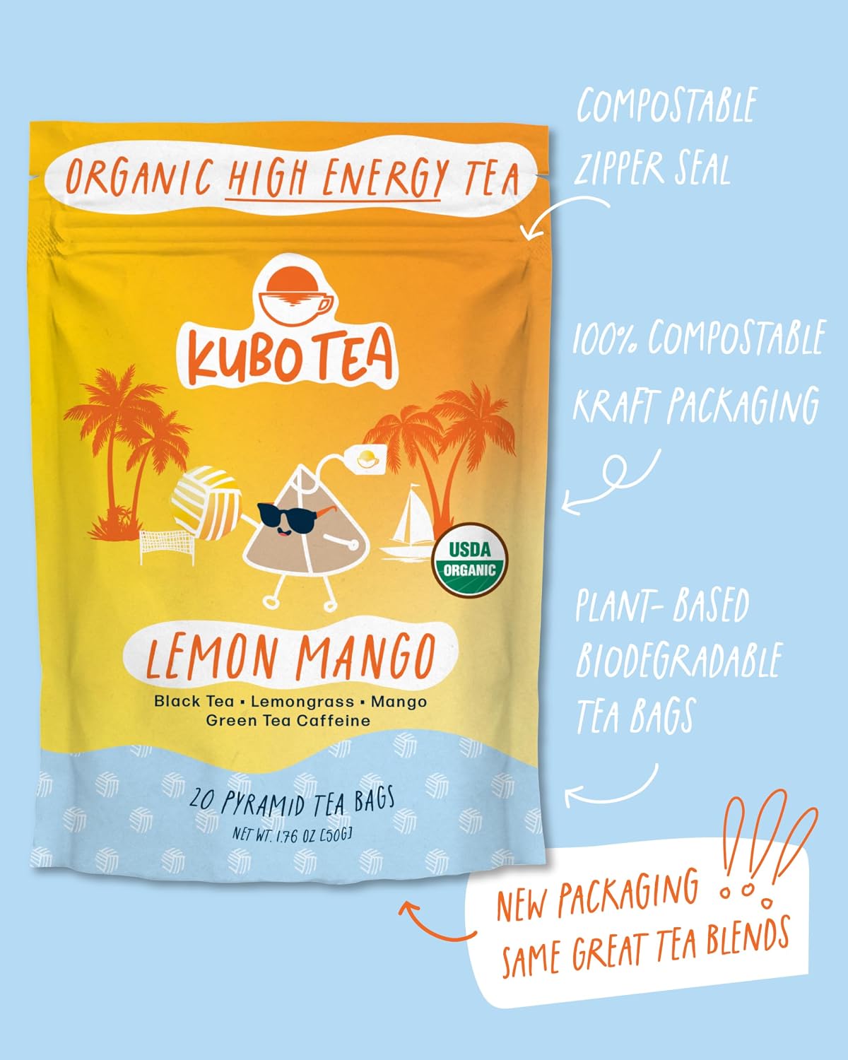 Kubo Energize Yerba Mate Tea, Organic High Caffeine Energy Tea Bags - 20 Ct