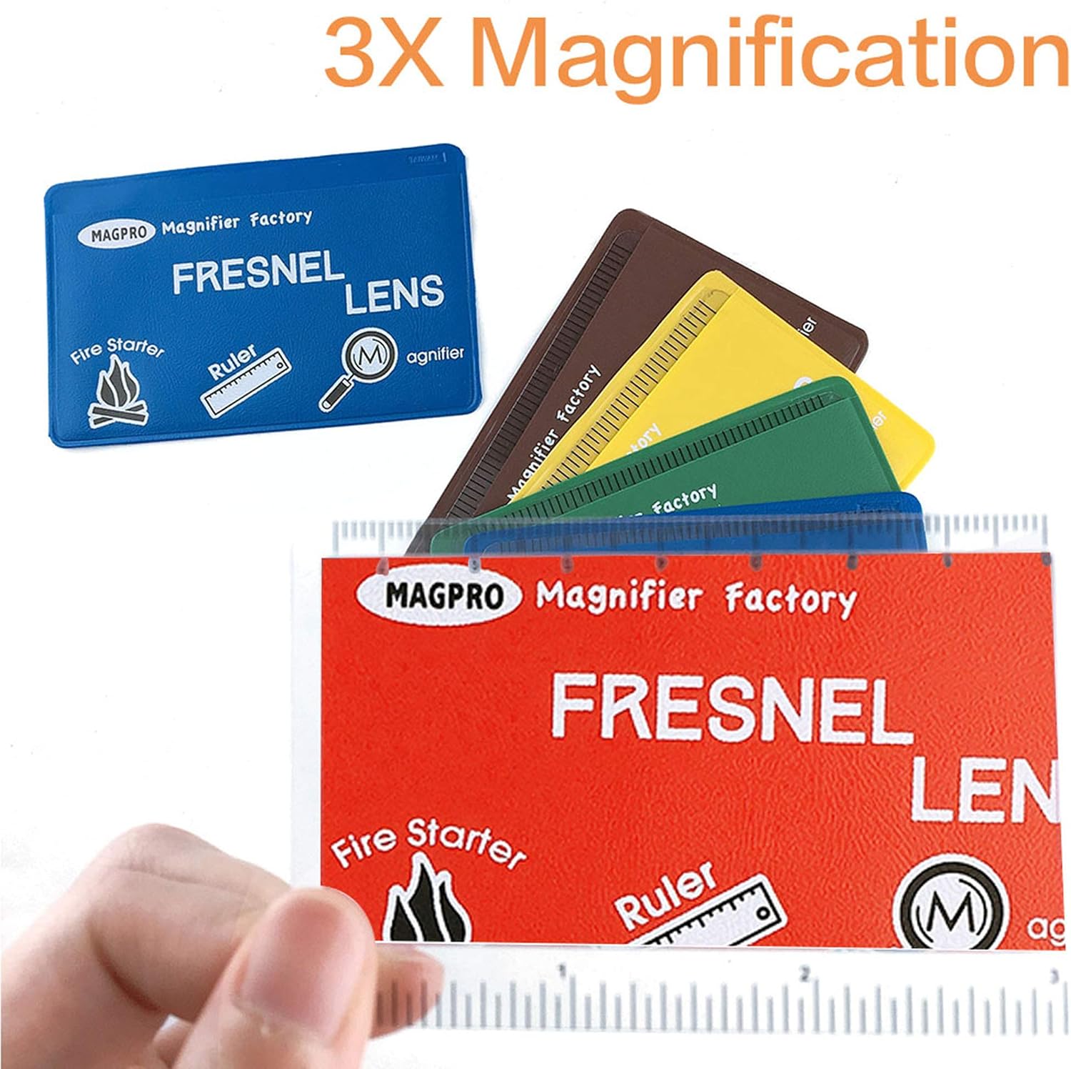MagDepo 6 Pack Credit Card Size Magnifier Ruler Fire Starter Magnifying Glass Wallet Pocket Magnifier for Reading Small Print, Map, and Book-Blue