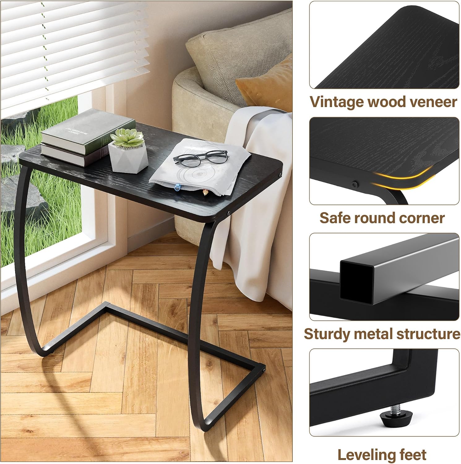 SRIWATANA Walnut C Shaped Side Table, Vintage End Table for Sofa Couch Bed