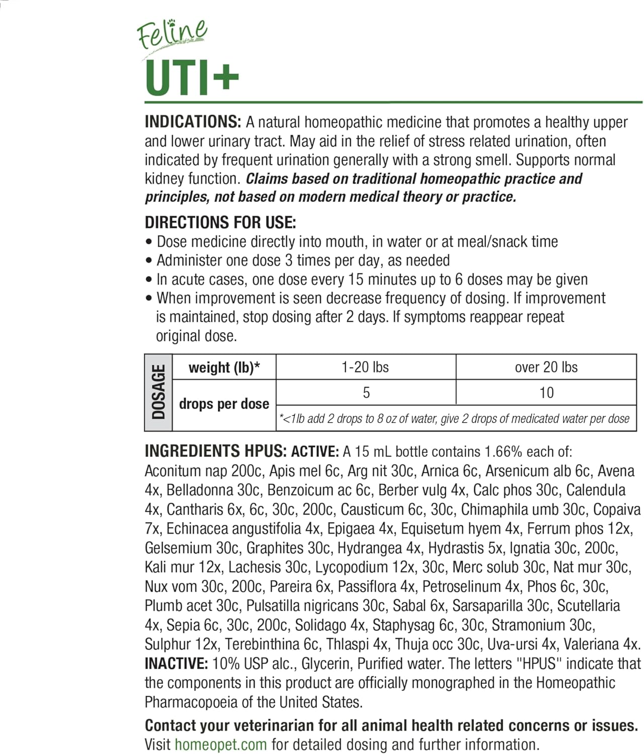 HomeoPet Feline UTI+ Urinary Tract Supplement for Cats, 15 Milliliters | Natural urinary tract support for cats, safe and gentle homeopathic formula, liquid drops suitable for daily use