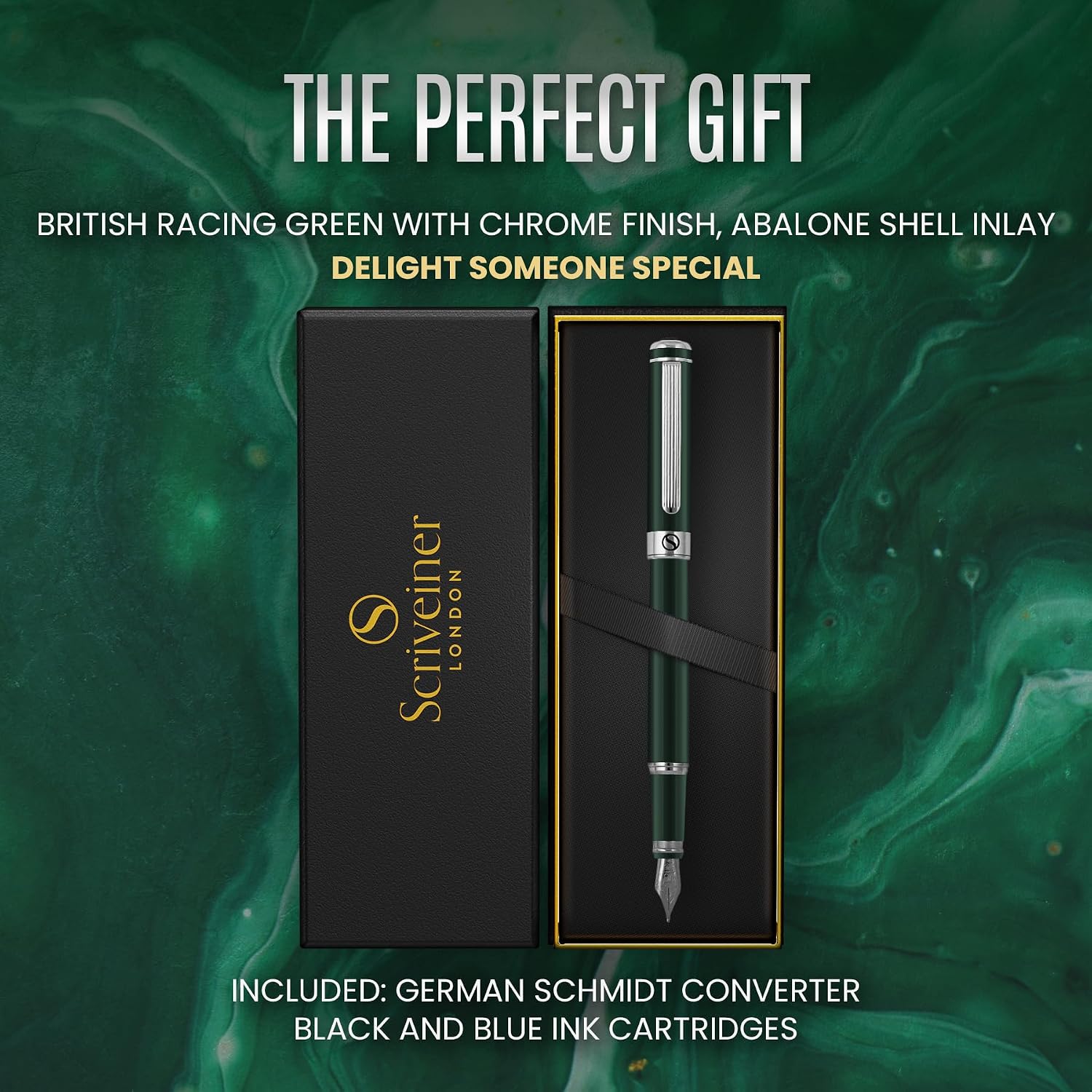 Scriveiner Silver Chrome Fountain Pen - Stunning Luxury Pen, Real Gold Finish Schmidt Gilded Nib (Medium), Best Pen Gift Set for Men & Women