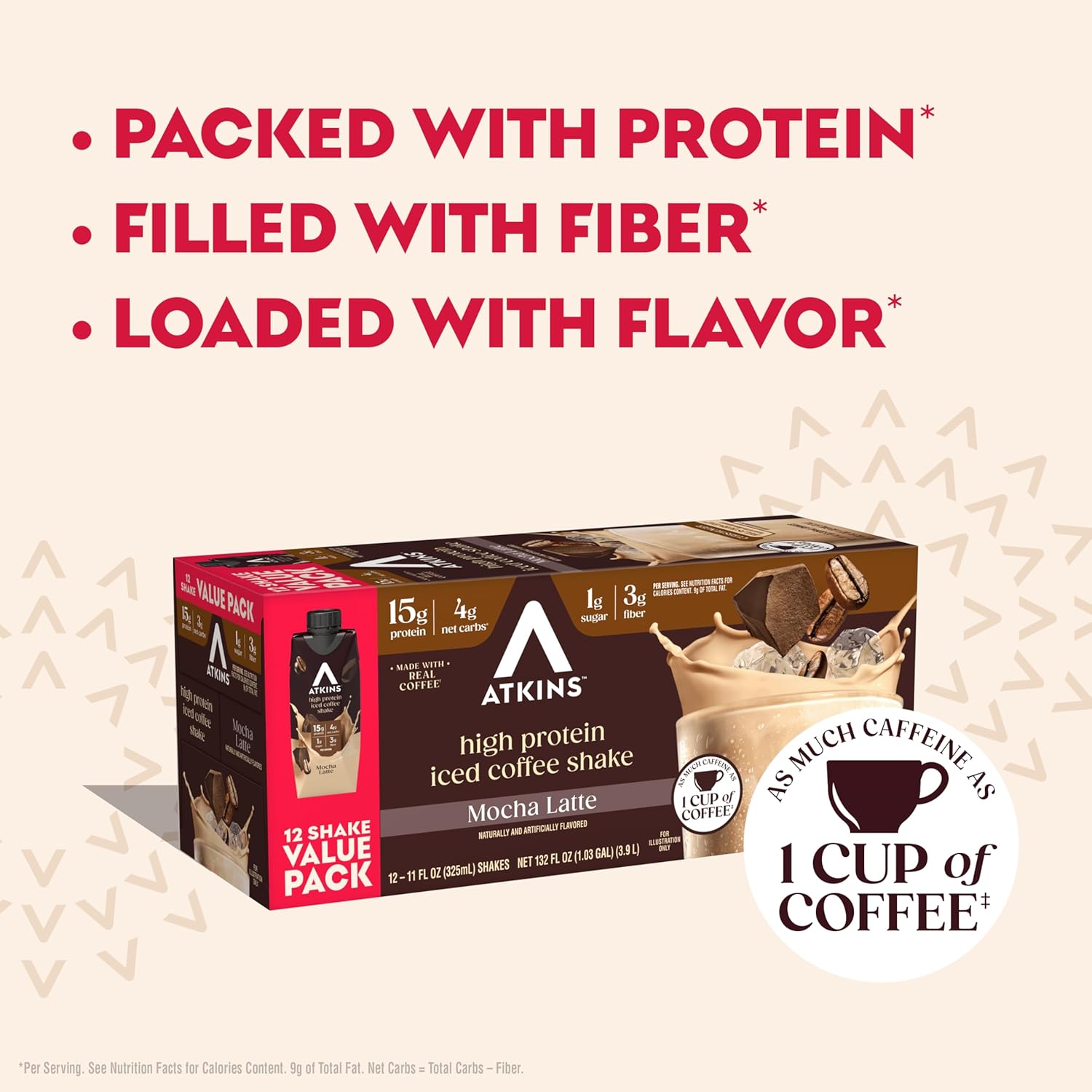 Atkins Café au Lait Iced Coffee Flavored High Protein Shake, Low Sugar and Low Carb, Keto Friendly, Ready to Drink Protein Drink, Gluten Free