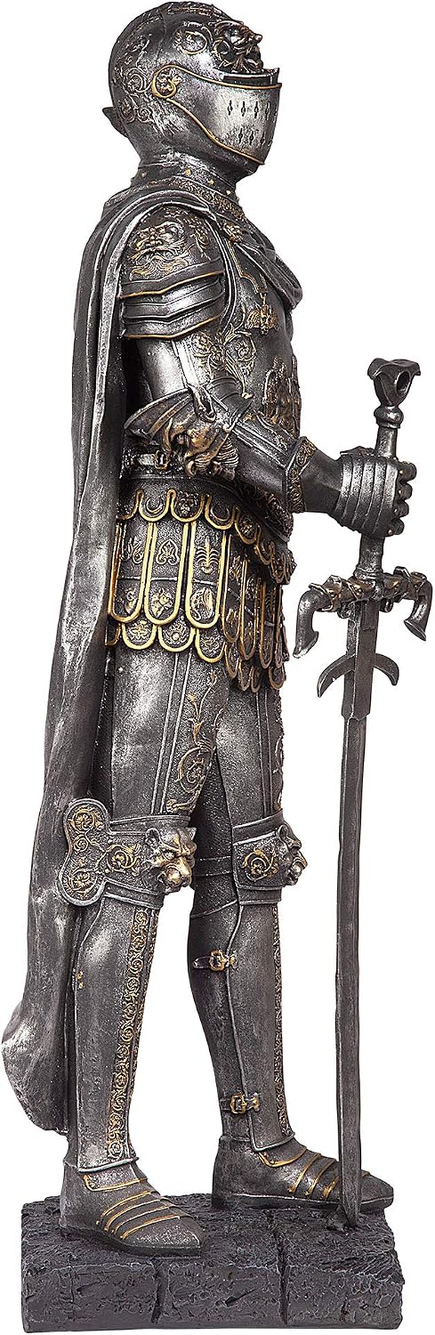 Design Toscano King's Guard Medieval Decor Half Scale Knight Armor Gothic Statue, 39 Inch Tall, Cast Stone Resin, Metallic Finish with Faux Stone Base