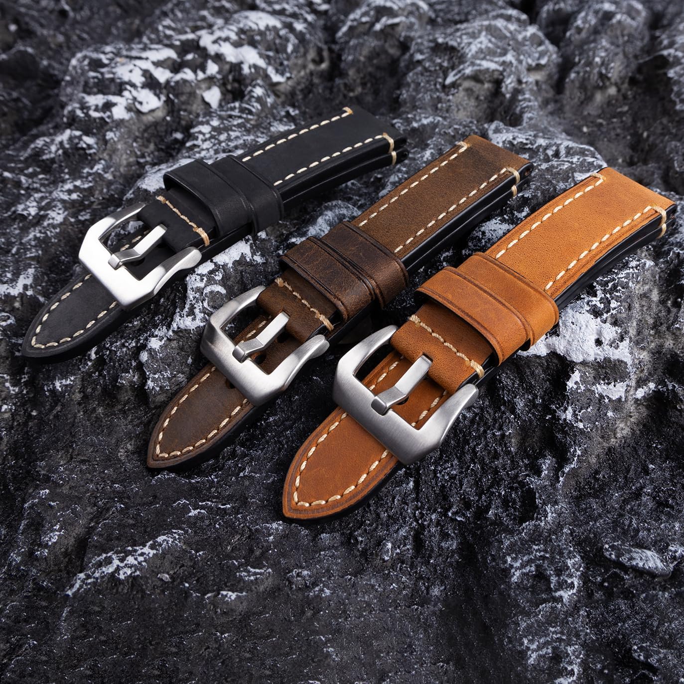 Dark Brown 22mm Genuine Leather Wristwatch Watch Band Oil Tan Vintage Strap for Men with Stainless Buckle