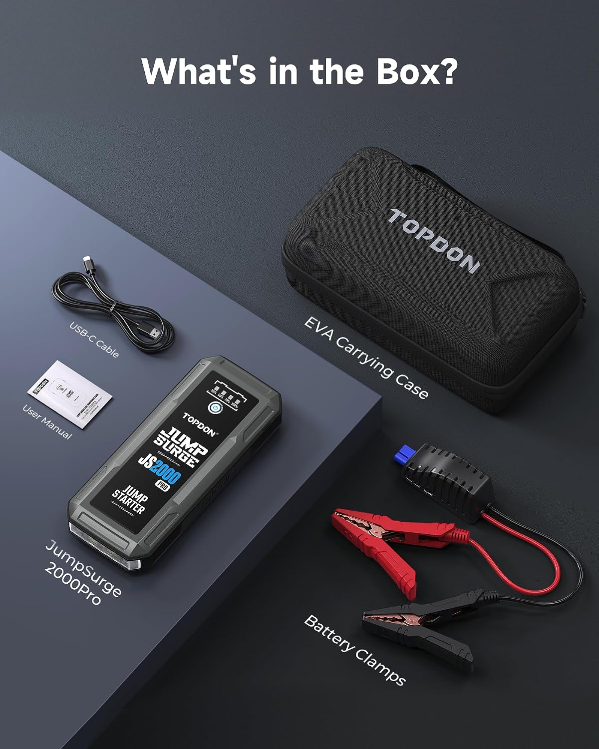 TOPDON JS2000Pro Car Battery Jump Starter, 2000A Peak 12V Portable Jump Starter Battery Pack for Up to 8.0L Gas/6.0L Diesel Engines