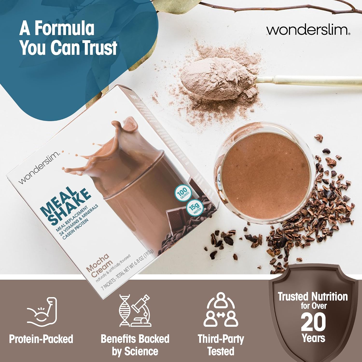 WonderSlim Protein Meal Replacement Shake – 15g Protein, 24 Vitamins & Minerals, Low Carb, Low Calorie, Gluten Free – Meal Replacement Drink for Weight Management, 7 Count Packets (Dark Cocoa Cream)