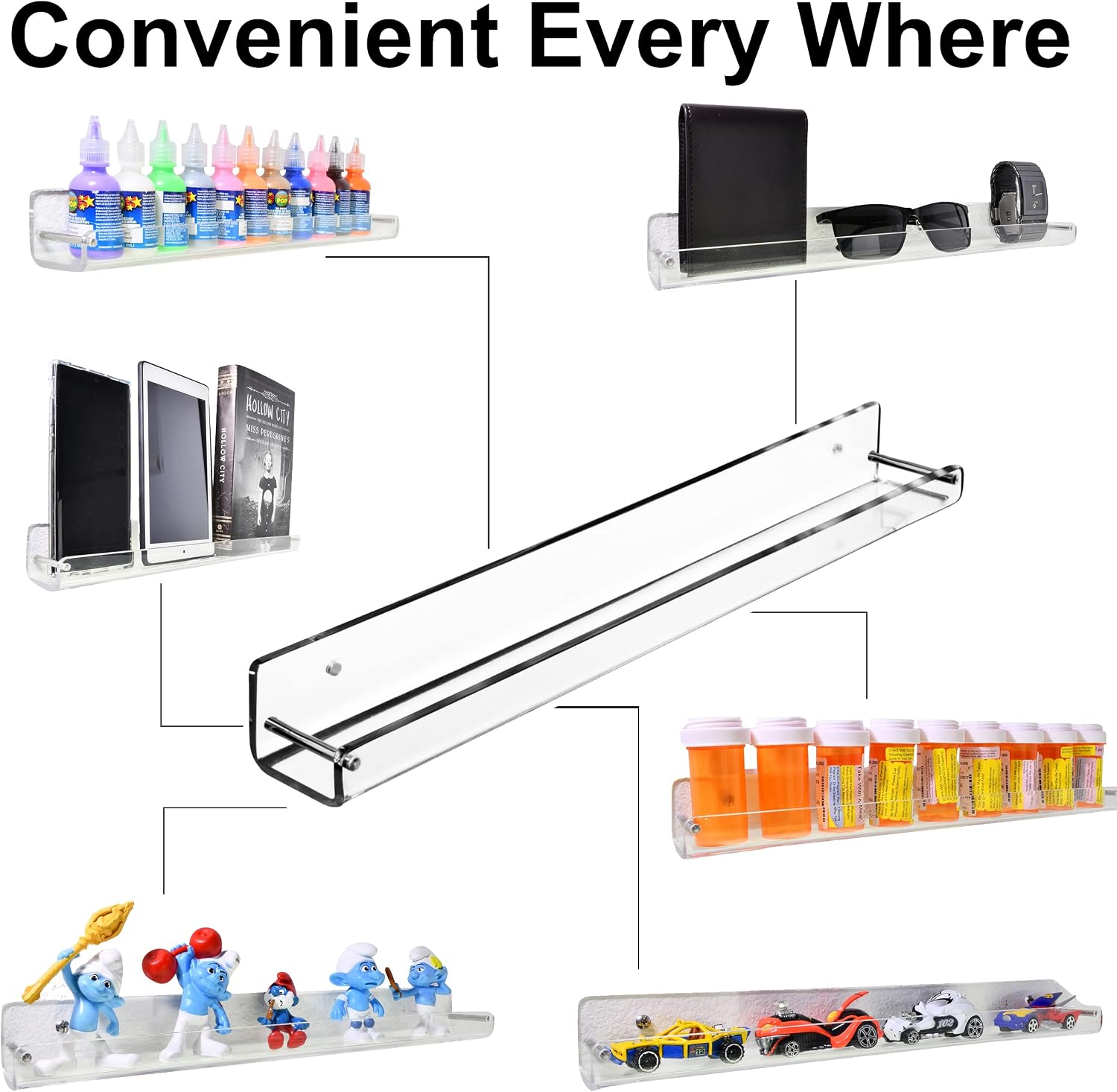 AMT 2 Pack Acrylic Floating Shelves, 15" L x 4" W, Clear Bathroom Wall, Bookshelves, Invisible Display for Office, Bedroom