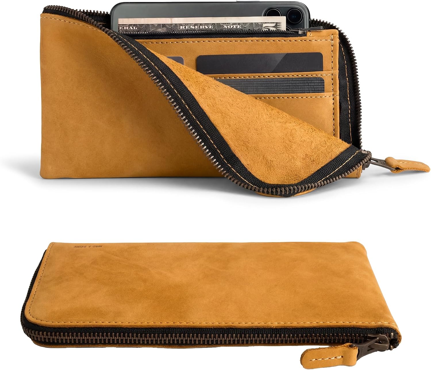 Hide & Drink, Leather Long Zippered Wallet, Holds Up to 8 Cards Plus Coins And Flat Bills, Phone Holder, Travel Essentials, Handmade (Bourbon Brown)