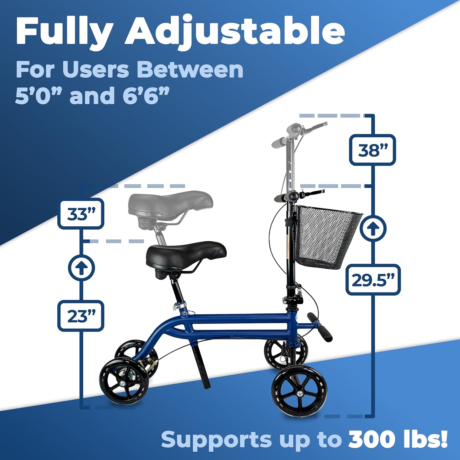 KneeRover Steerable Seated Scooter Mobility Knee Walker, Blue | Sitting Scooter with Leg Rest, Comfortable Gel Seat