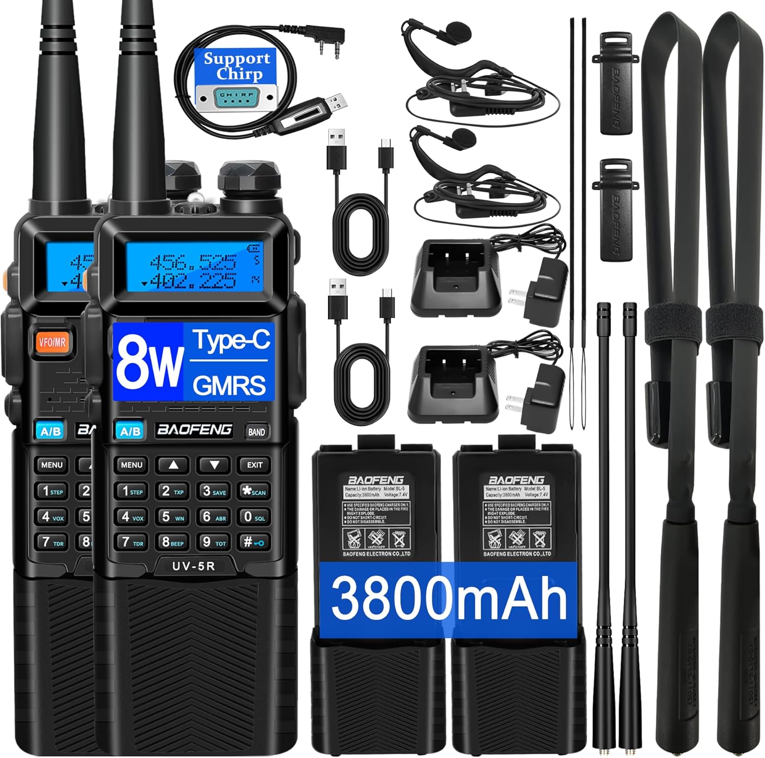 BAOFENG UV-5R Ham Radio Handheld Walkie Talkie Long-Range TwoWay Radio 2PCS | 3800mAh Rechargeable 8-Watt BAOFENG Radio UV5R, Type-C Charging