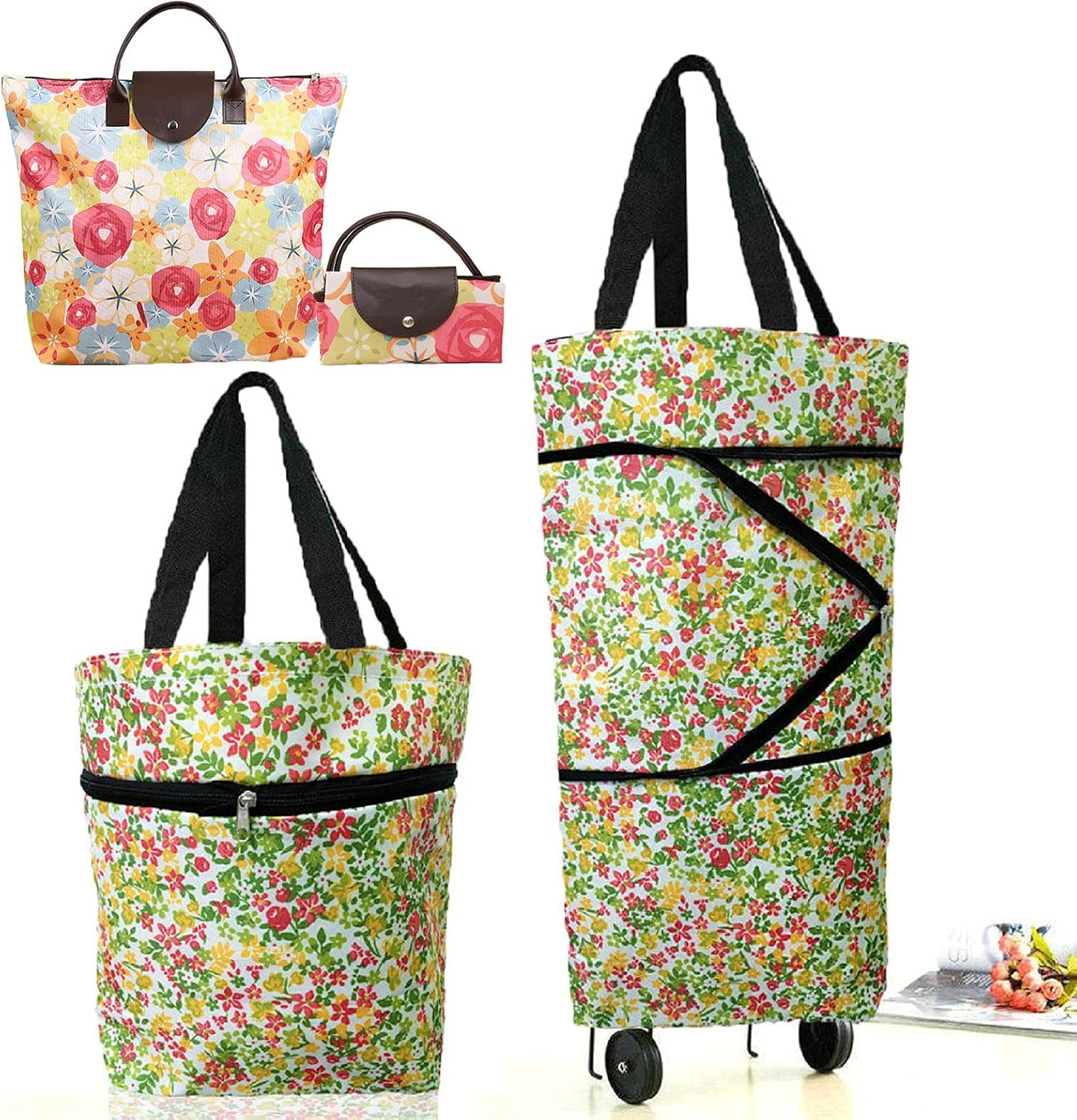 Collapsible Shopping Bag with Wheels Portable Shopping Cart with 360° Swivel Wheels Rolling Tote Bag Reusable Grocery Bag Trolley Bag on Wheels for Travel Shopping and Daily Use(Blue)