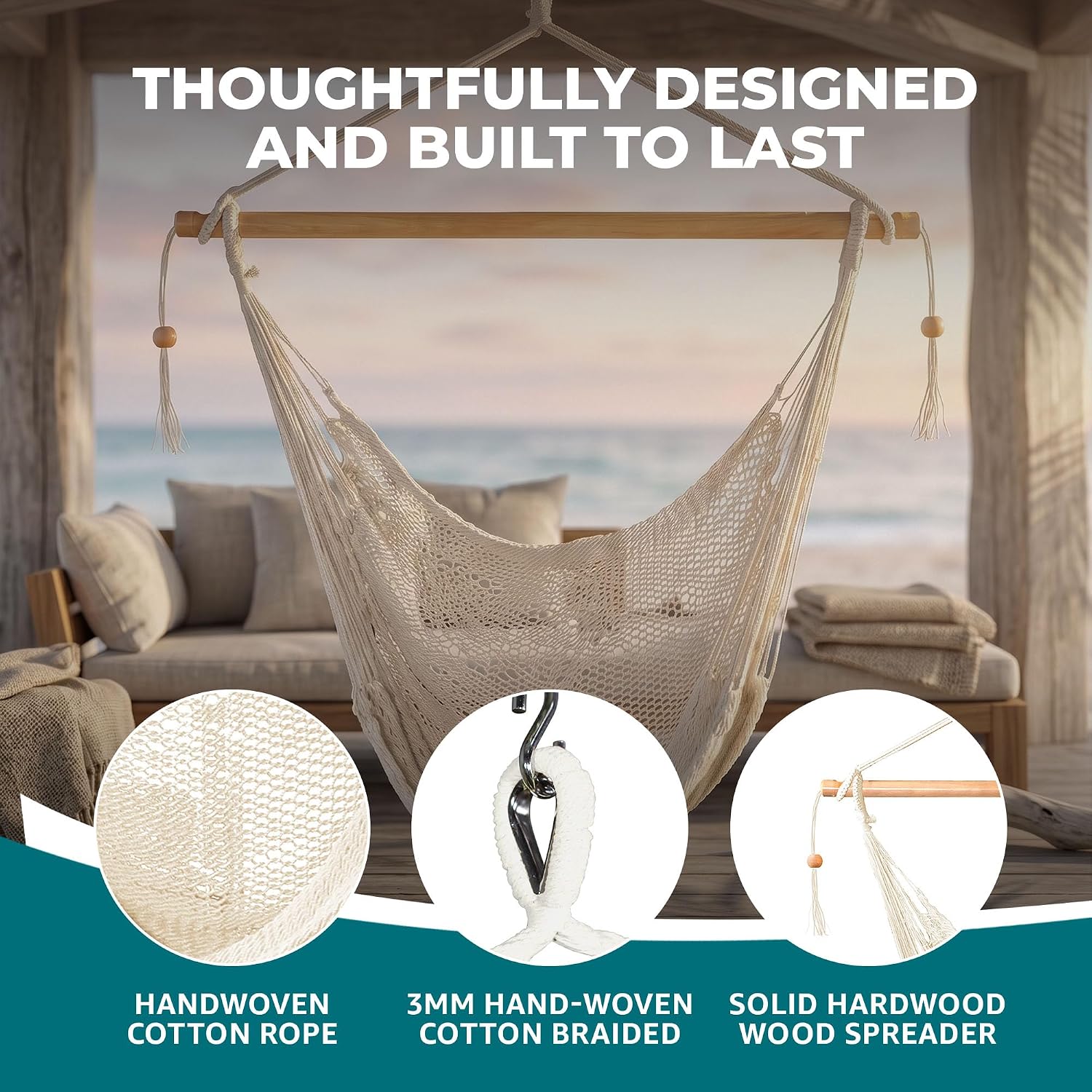 Bliss Hammocks BHC-412NT Island Rope Hammock Chair, Eco Friendly & Hand Woven, Varnish Coated 40 Inch Wood Spreader, Easy to Hang w/Included Hanging Kit, Supports up to 265 pounds, Natural Rope