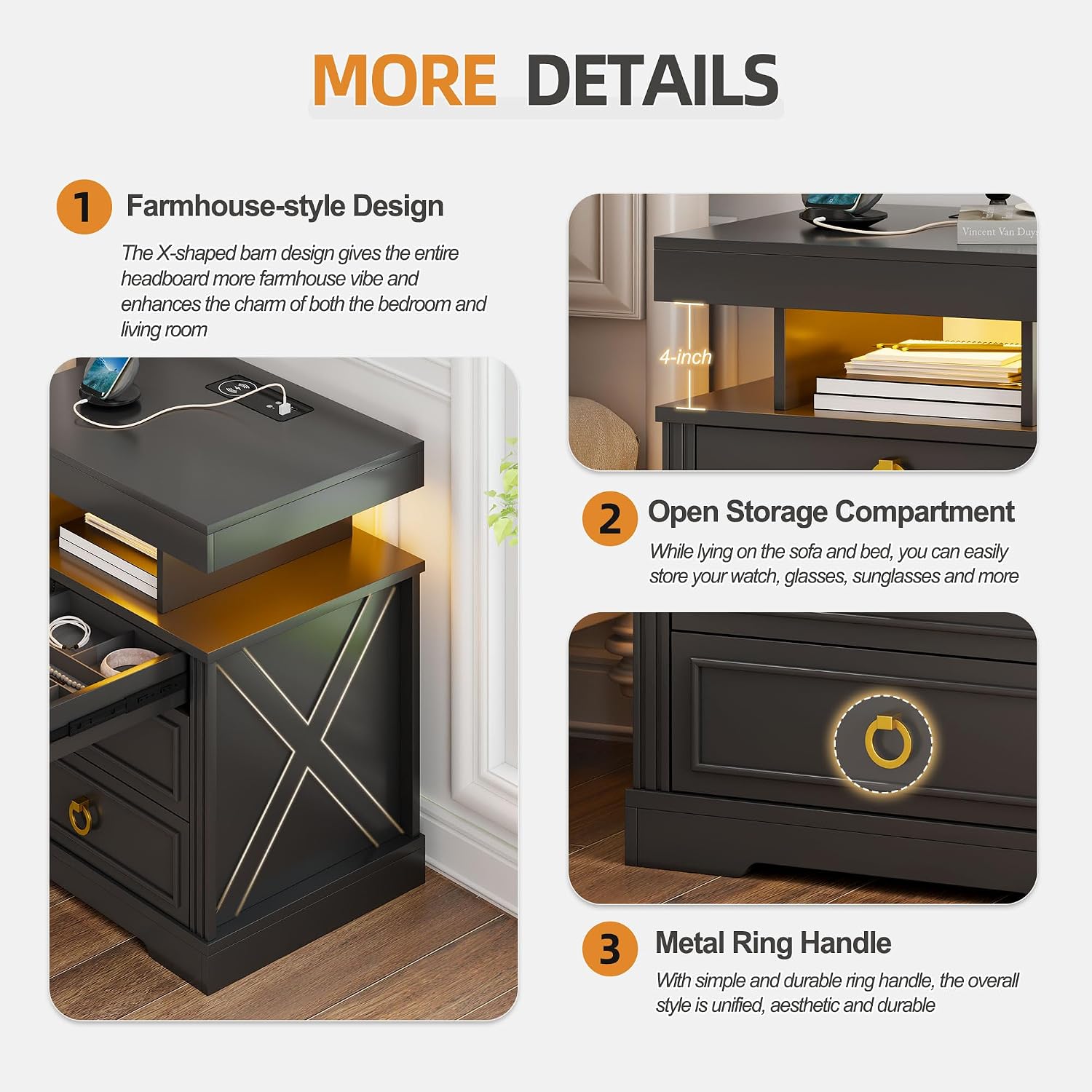 Lockable Night Stand with Gun Drawer,Charging Station,LED Lights,White | LED Nightstand with Charging Station,Farmhouse Bedside Table with 3-Color Light,End Table with 3 Drawers,Bedroom