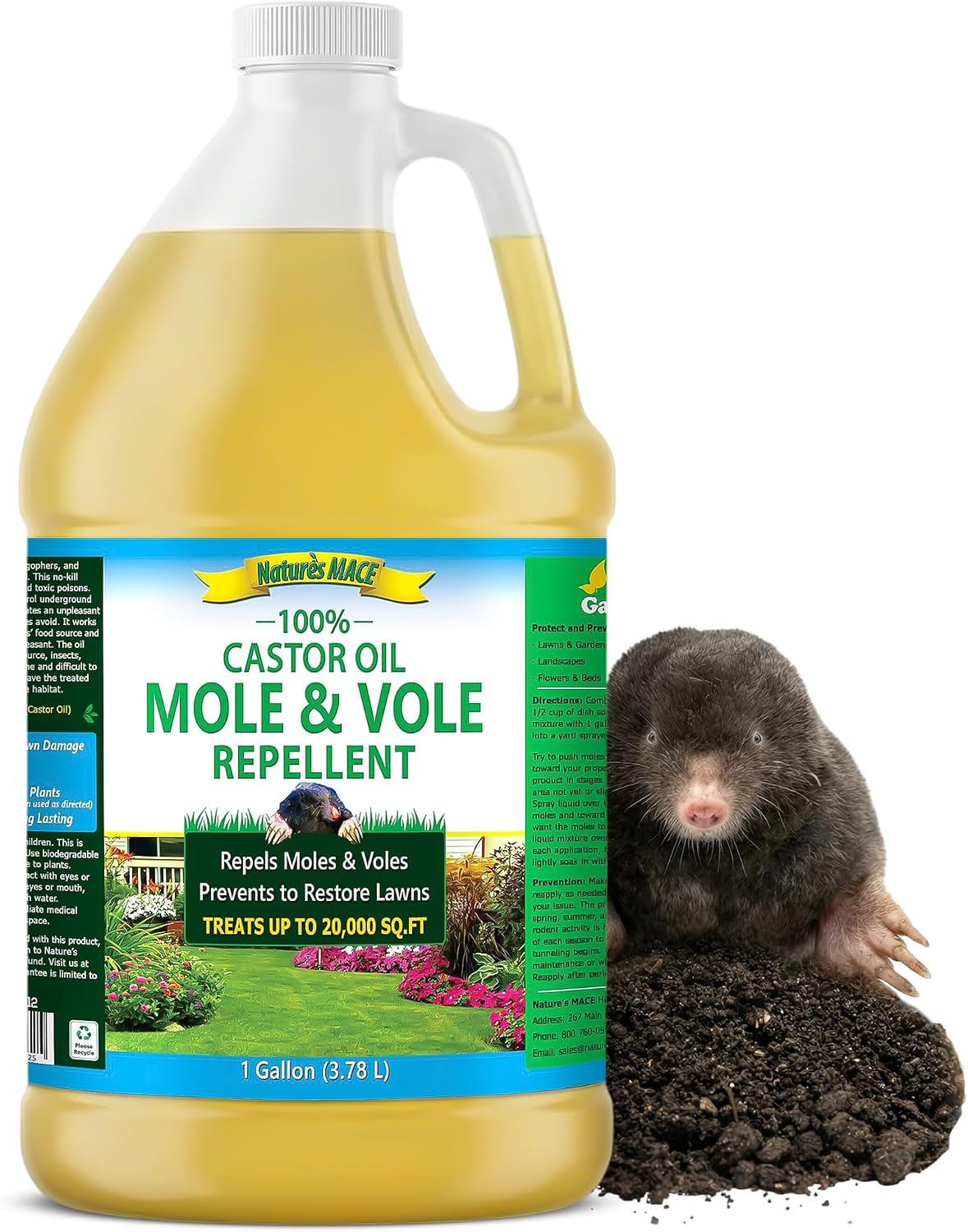 Nature's MACE Mole and Vole Mace, Mole Deterrent for Yard, 1 Gallon, 100% Pure Castor Oil, Lawns, Mole Repellent, Stop Tunneling, Mole Remover Treatment, Castor Oil Repellent, People, Pet, Plant Safe