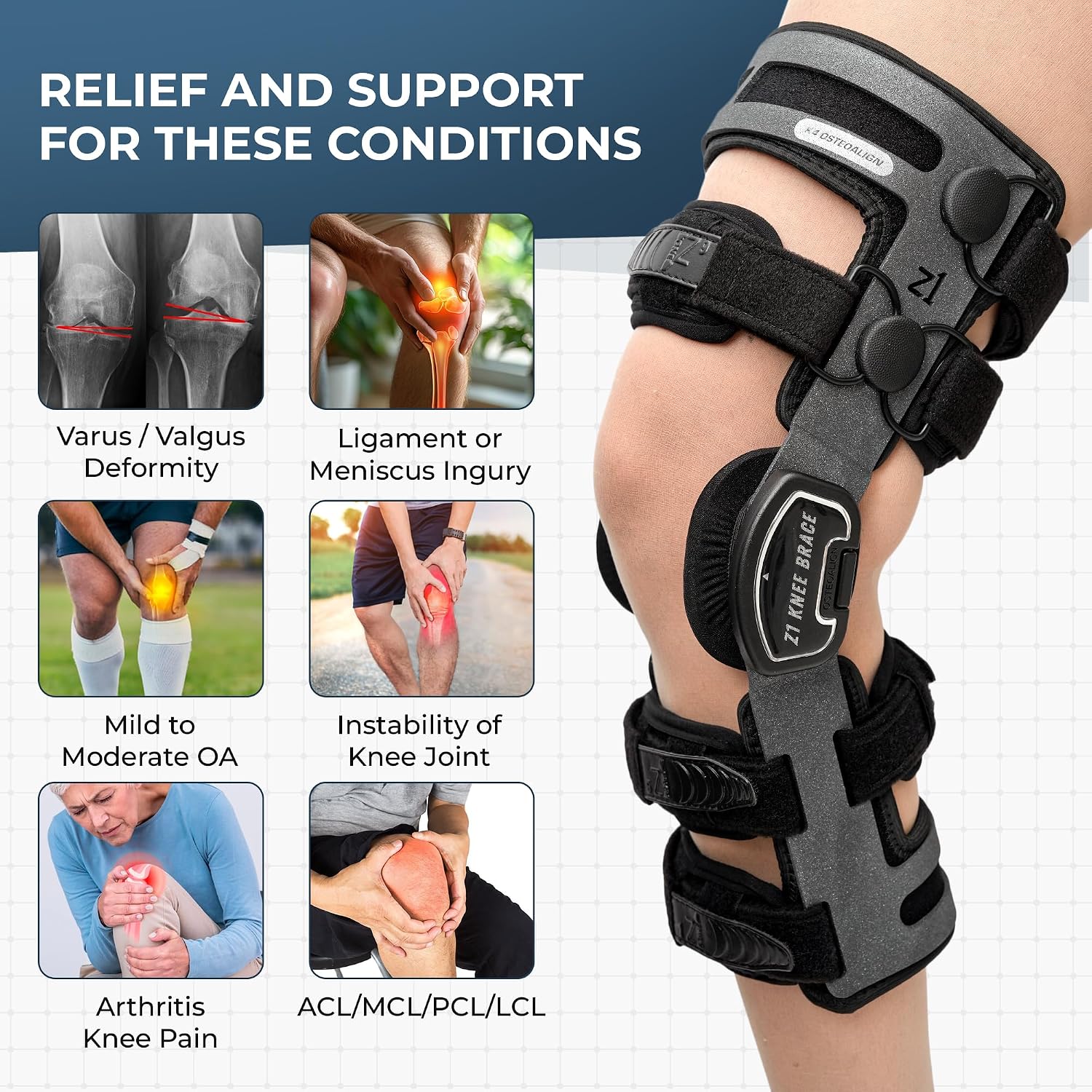 Z1 K4 OsteoAlign Hinged Knee Brace - Knee Support for ACL, MCL, Ligament Sports Injuries, Arthritis (OA), Meniscus Tear, Relief from Knee Joint Pain with Side Stabilizers for Men & Women Size (Medium)