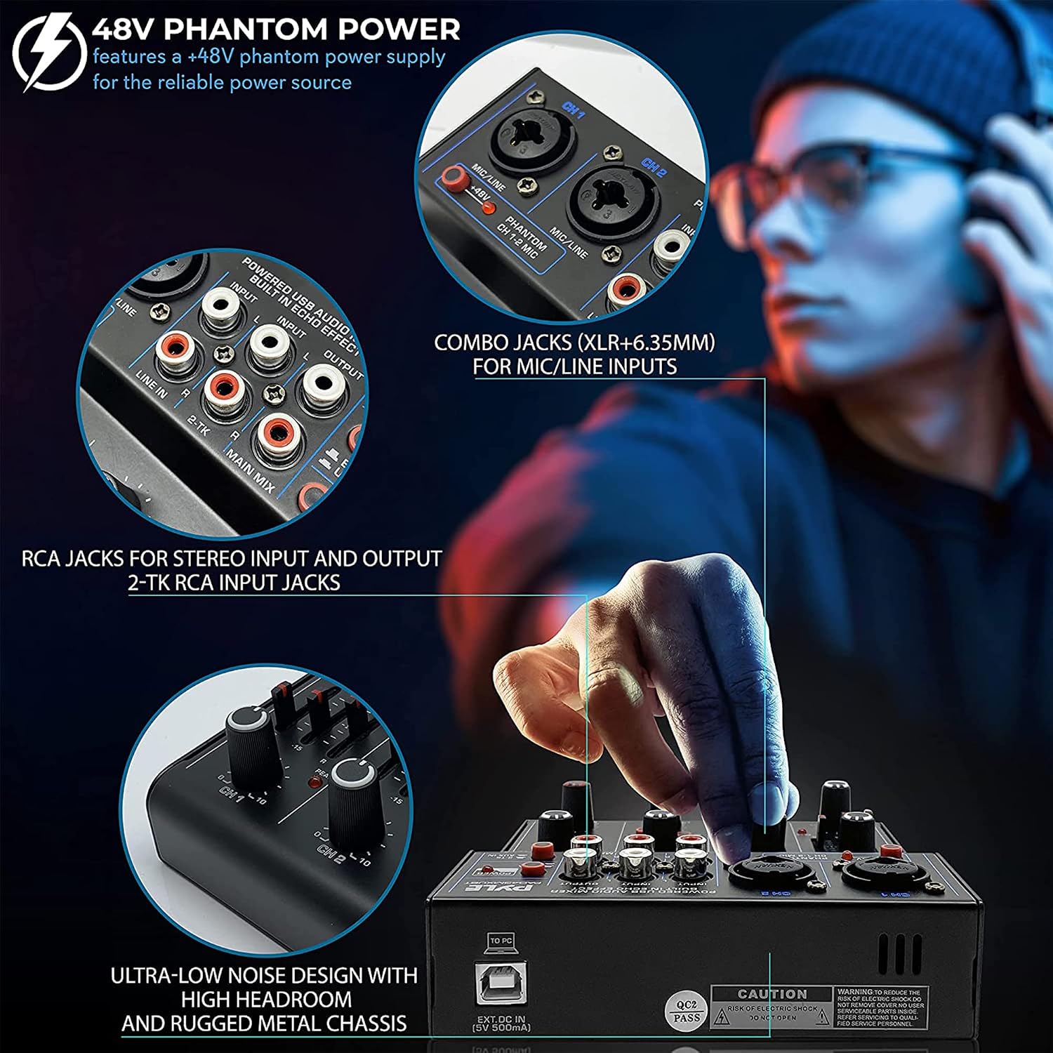 Pyle Professional Wireless DJ Audio Mixer - 4 Channel Bluetooth Controller Sound Mixer, USB Audio Interface
